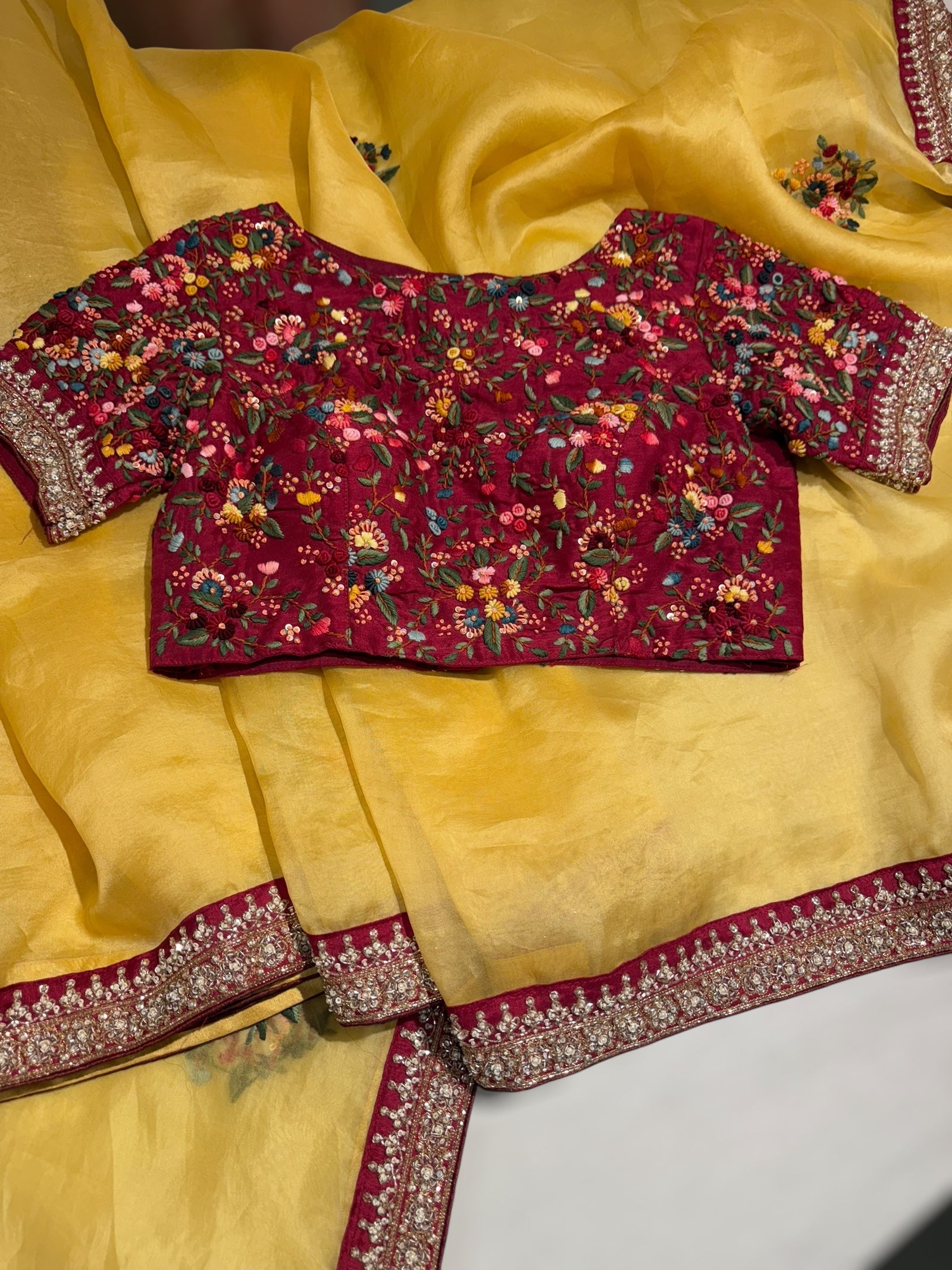 Yellow Organza heavy handwork saree with ready to wear blouse
