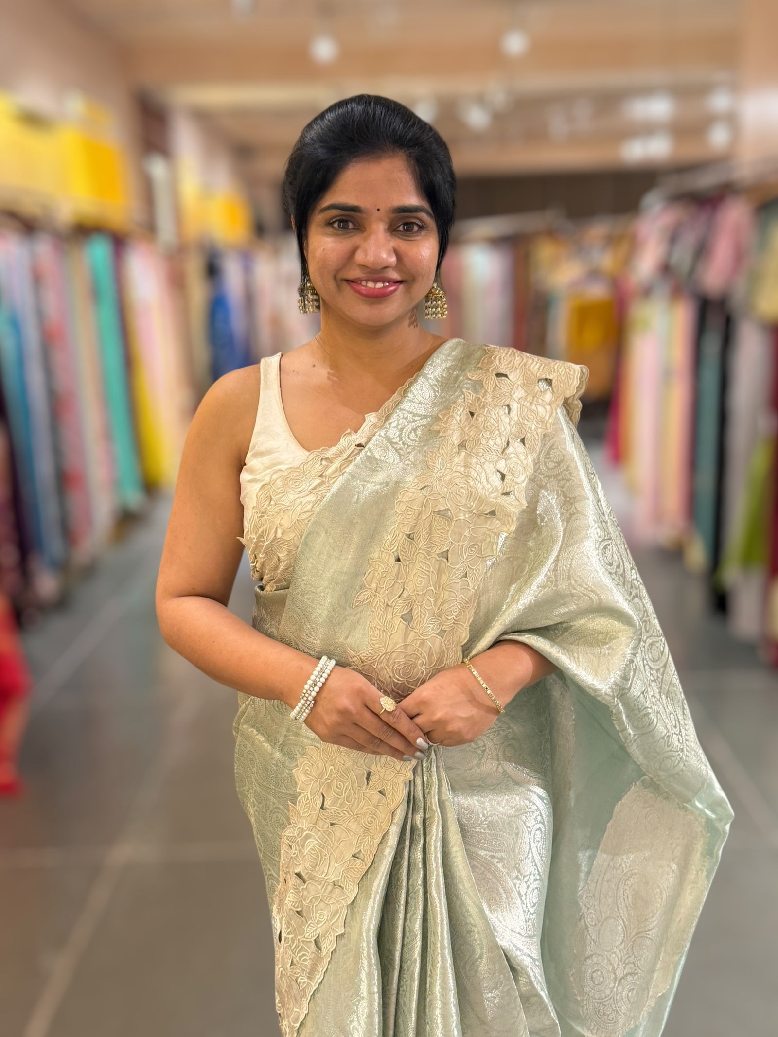 Mint Tissue Brocade weaving Saree with Tissue Cutwork Rose Border