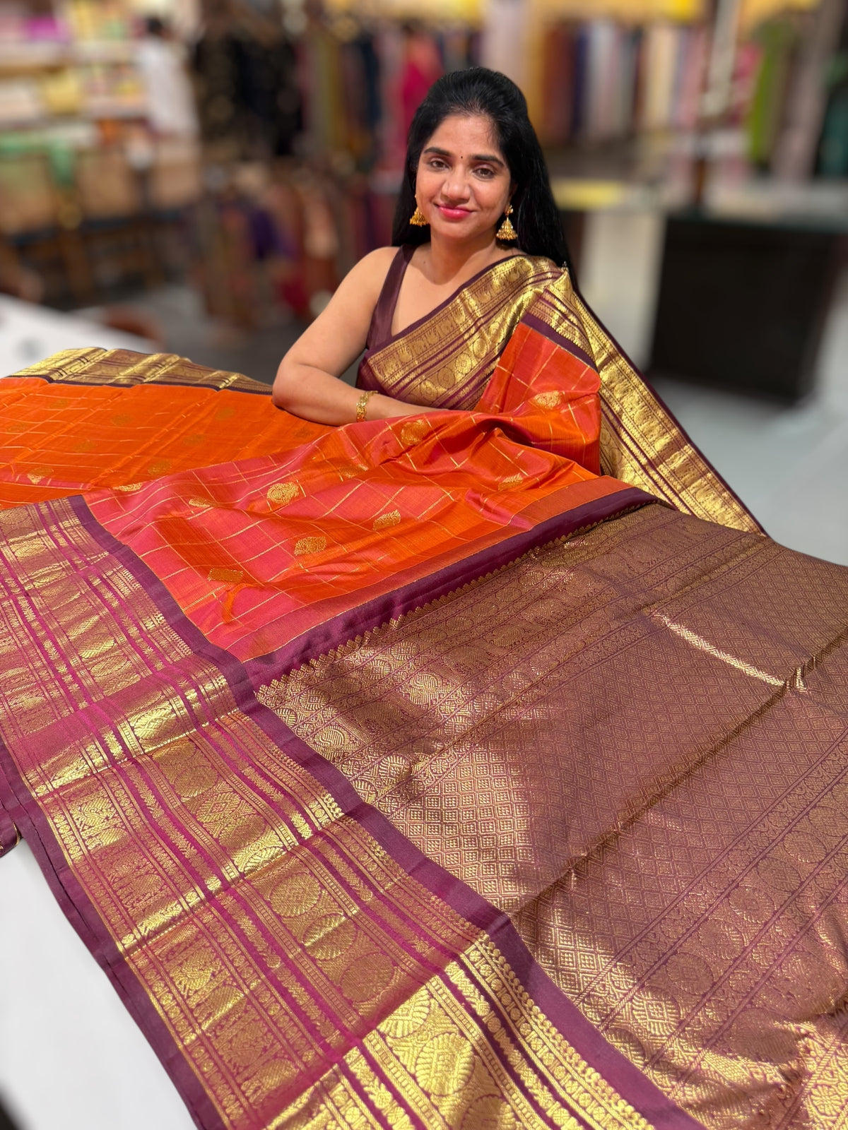 Rust Orange & winish Brown Combo Vintage Checks Kanjeevaram Saree