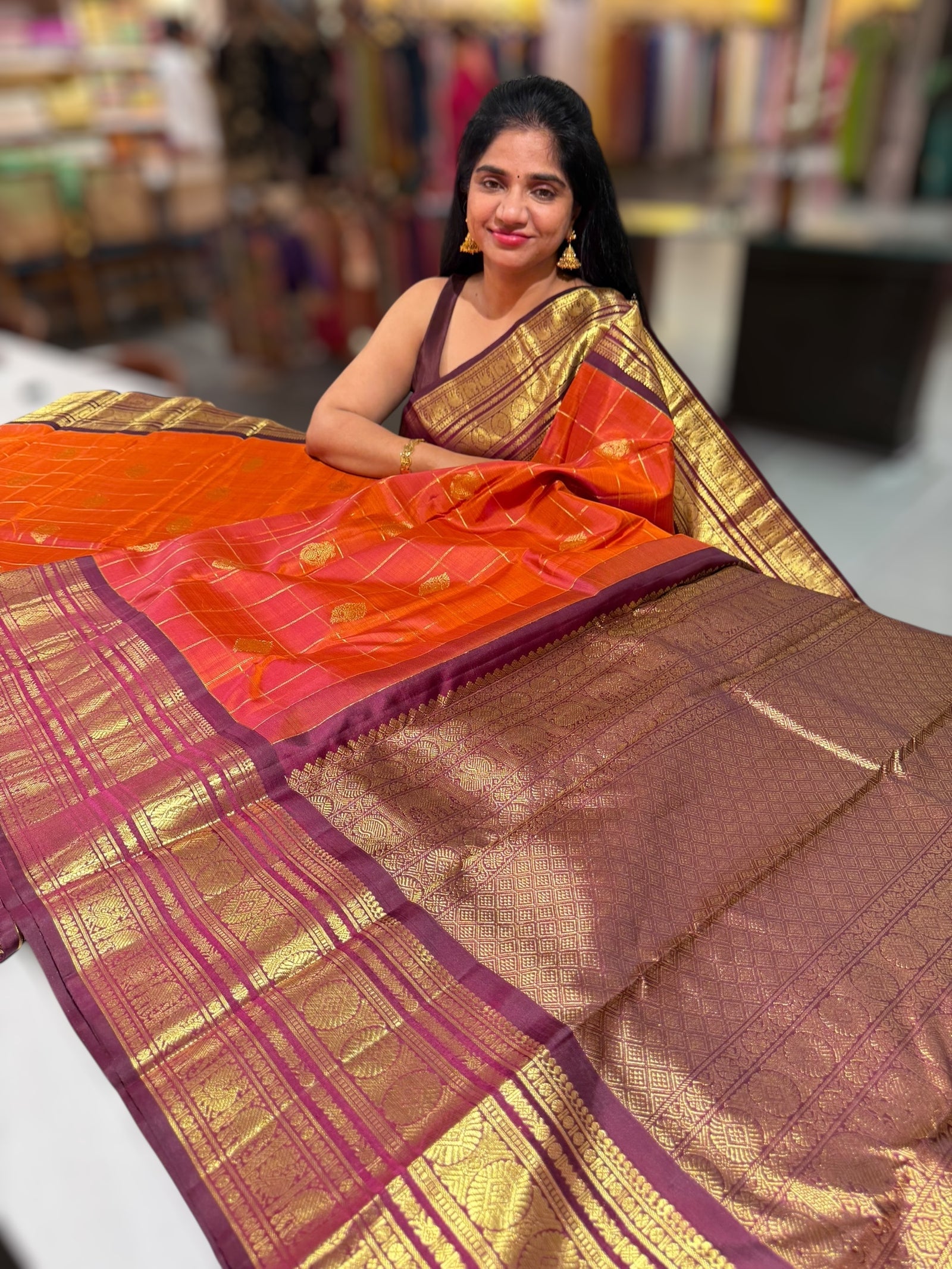 Rust Orange & winish Brown Combo Vintage Checks Kanjeevaram Saree