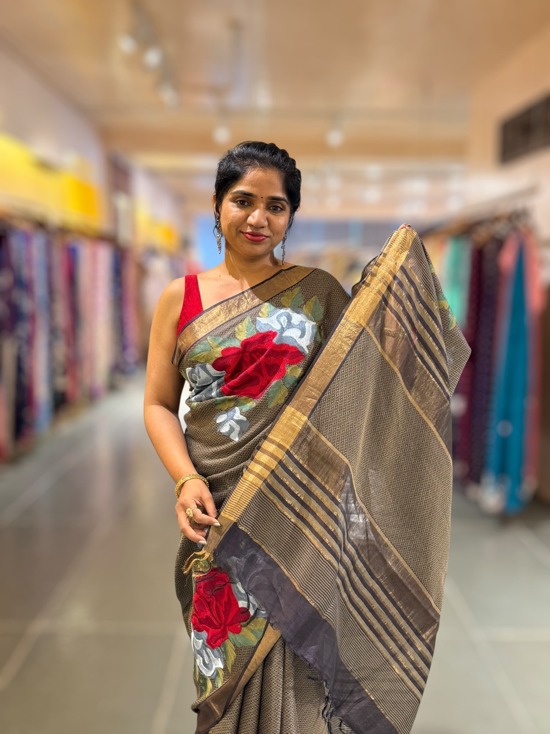 Elephant Grey Tussar Brocade Saree With Statement Red Rose Embroidery.