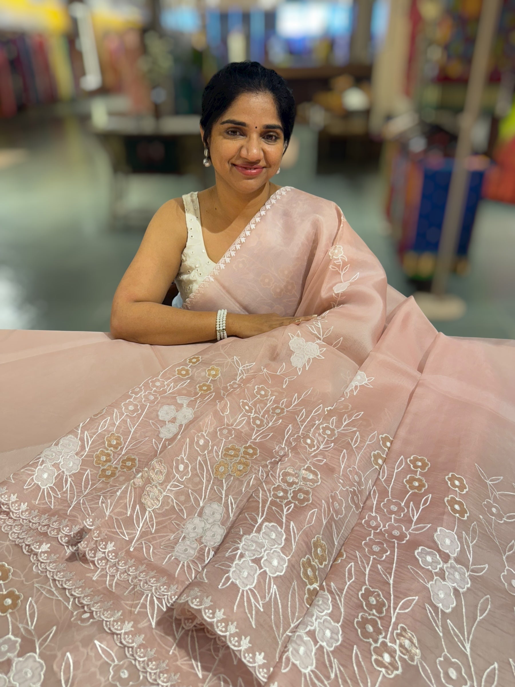 Dusty Pink Organza Saree With Tissue Applique Work