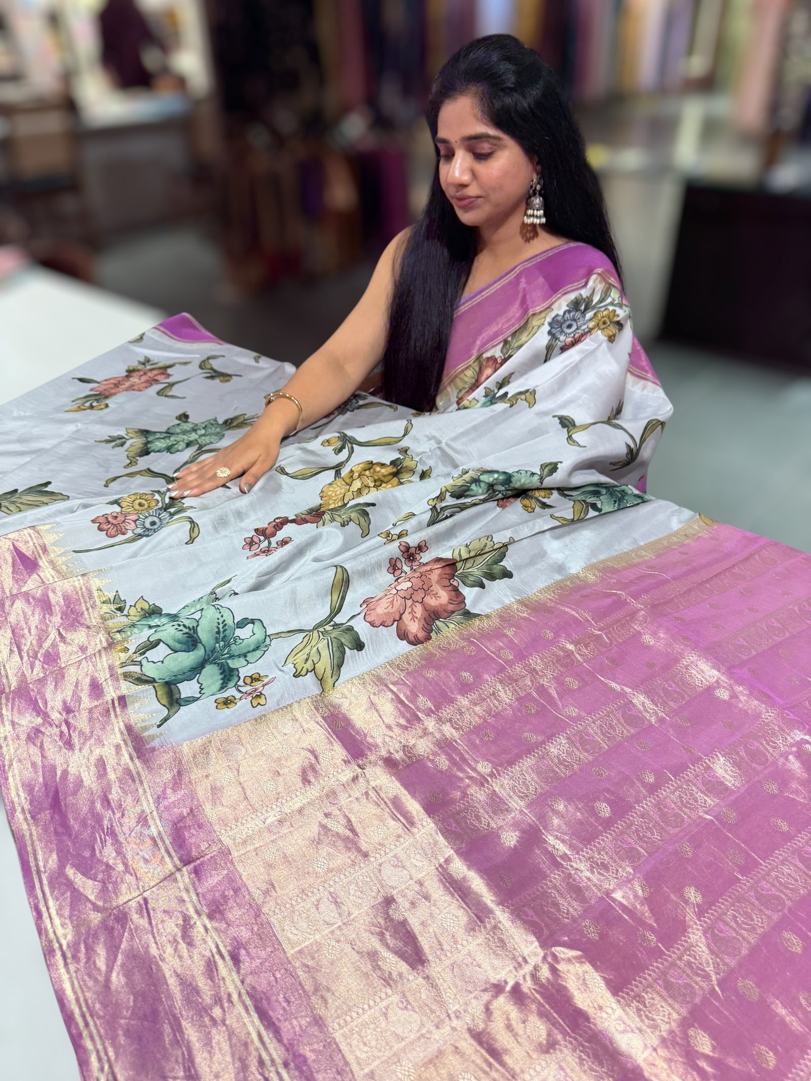 Silverish Grey Kanjeevaram Designer print saree