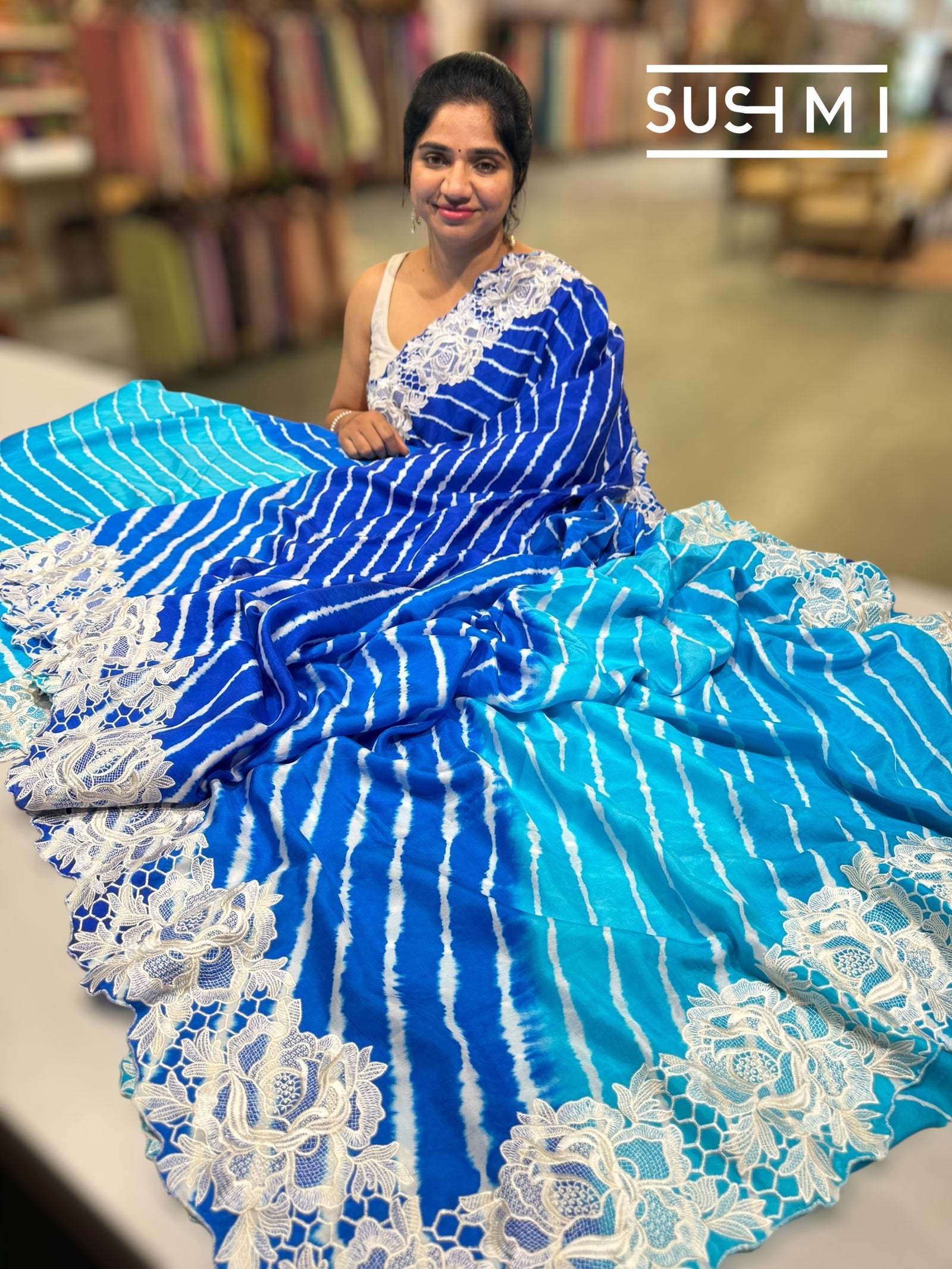 Electric Blue Ombre dyed habutai satin Silk lehariya Saree S62F064
