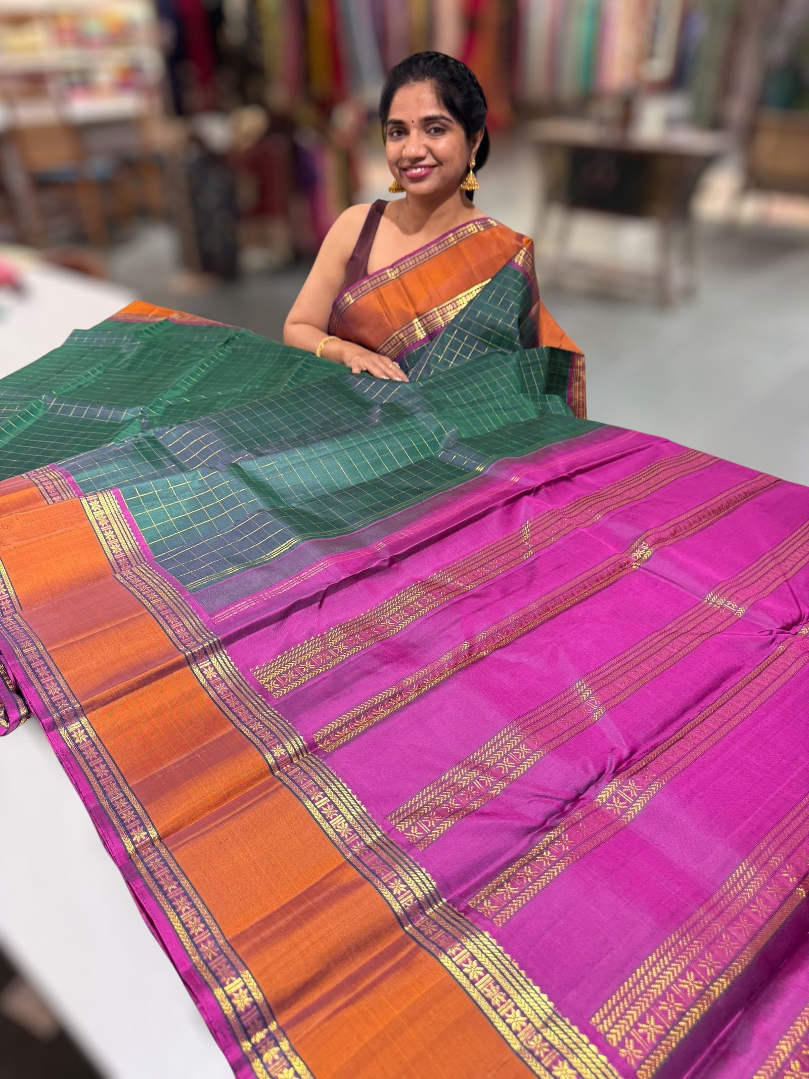 Bottle Green and majenta fysl tone Kanchi vintage checks saree with Gap Border