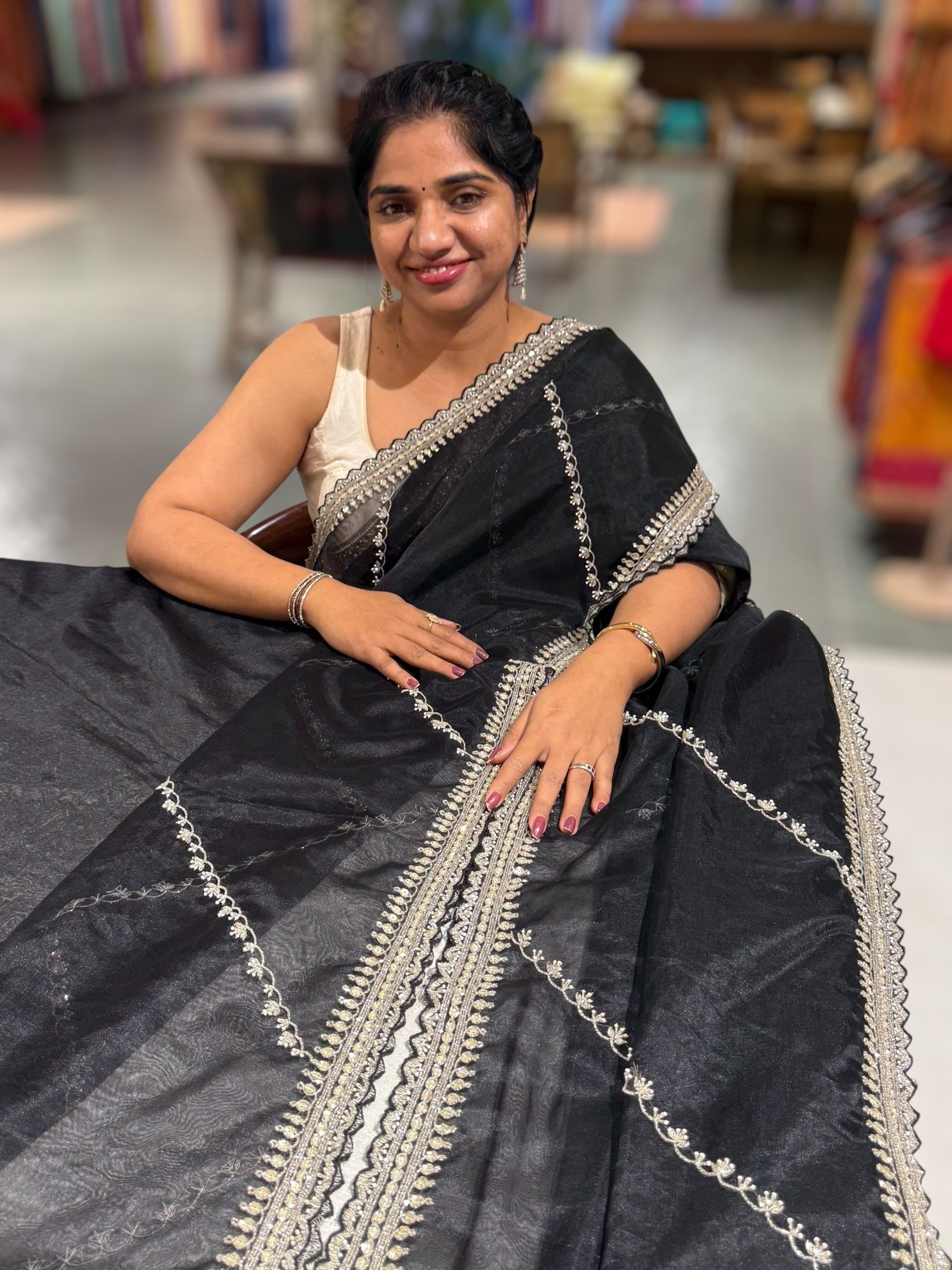 Black Organza handwork saree with ready to wear blouse