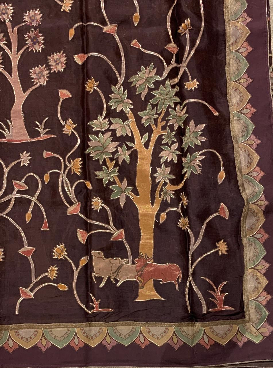 Brown Designer Organza Saree with Stunning Tissue Applique work Saree with Village theme