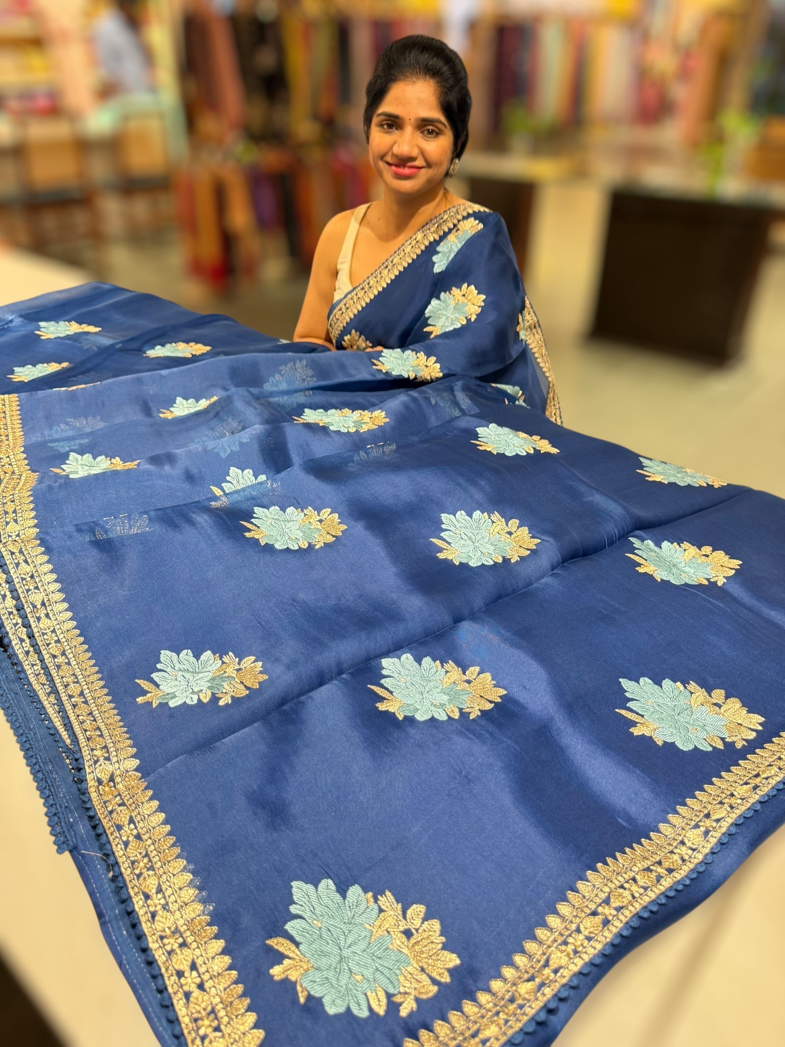 Blue pure Organza with embroidery