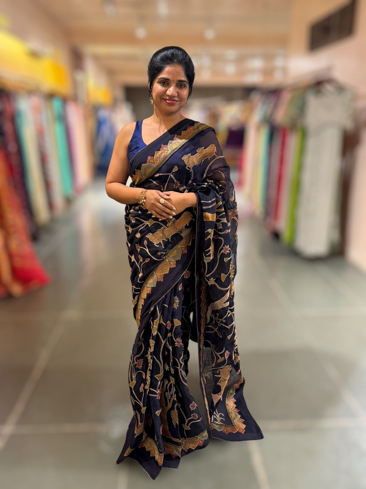 Midnight Blue Designer Organza Saree with Stunning Tissue Applique work Saree with Village theme