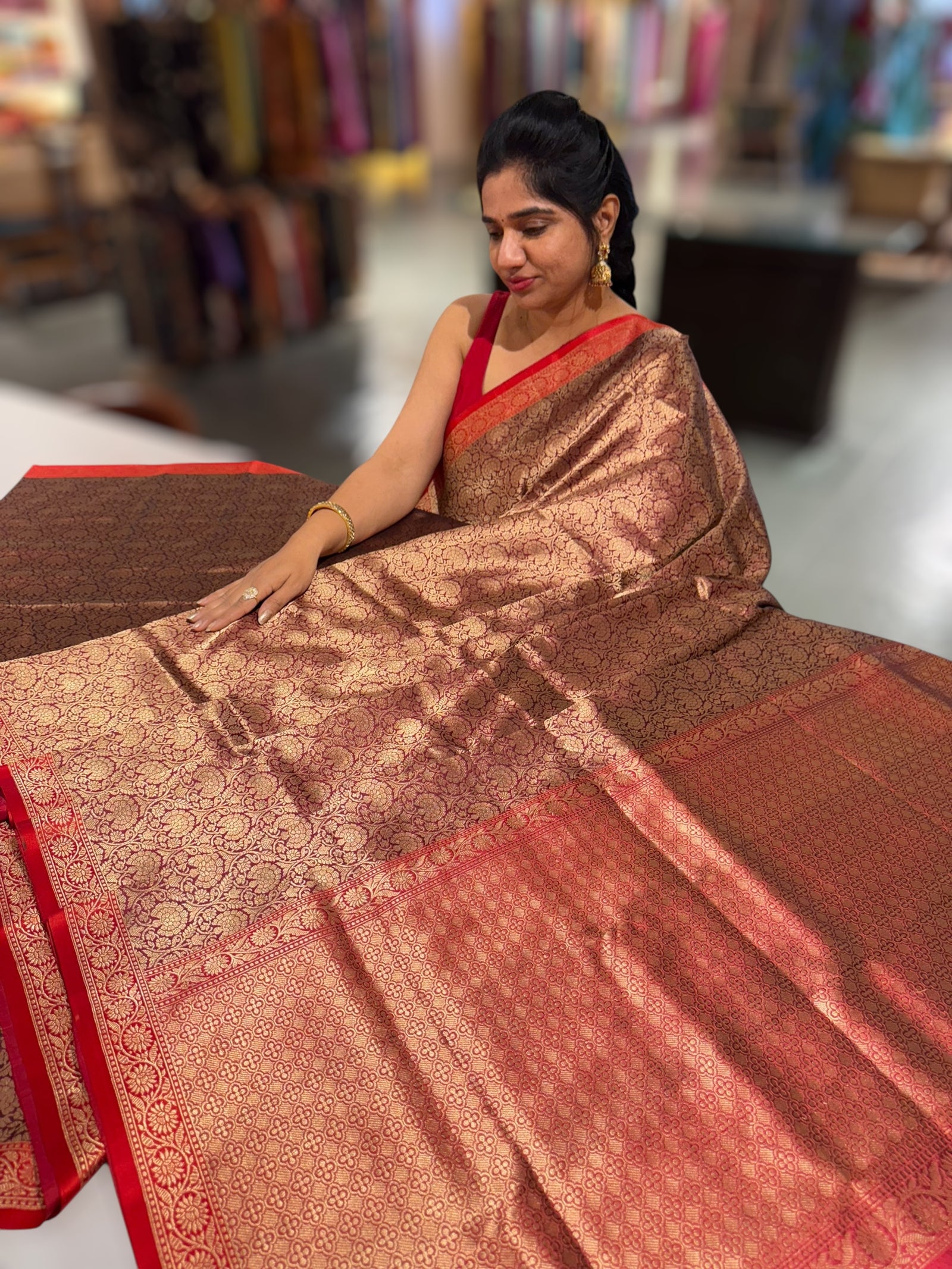 Banarasi katan Tonchoi weaving Saree with red mashru borders
