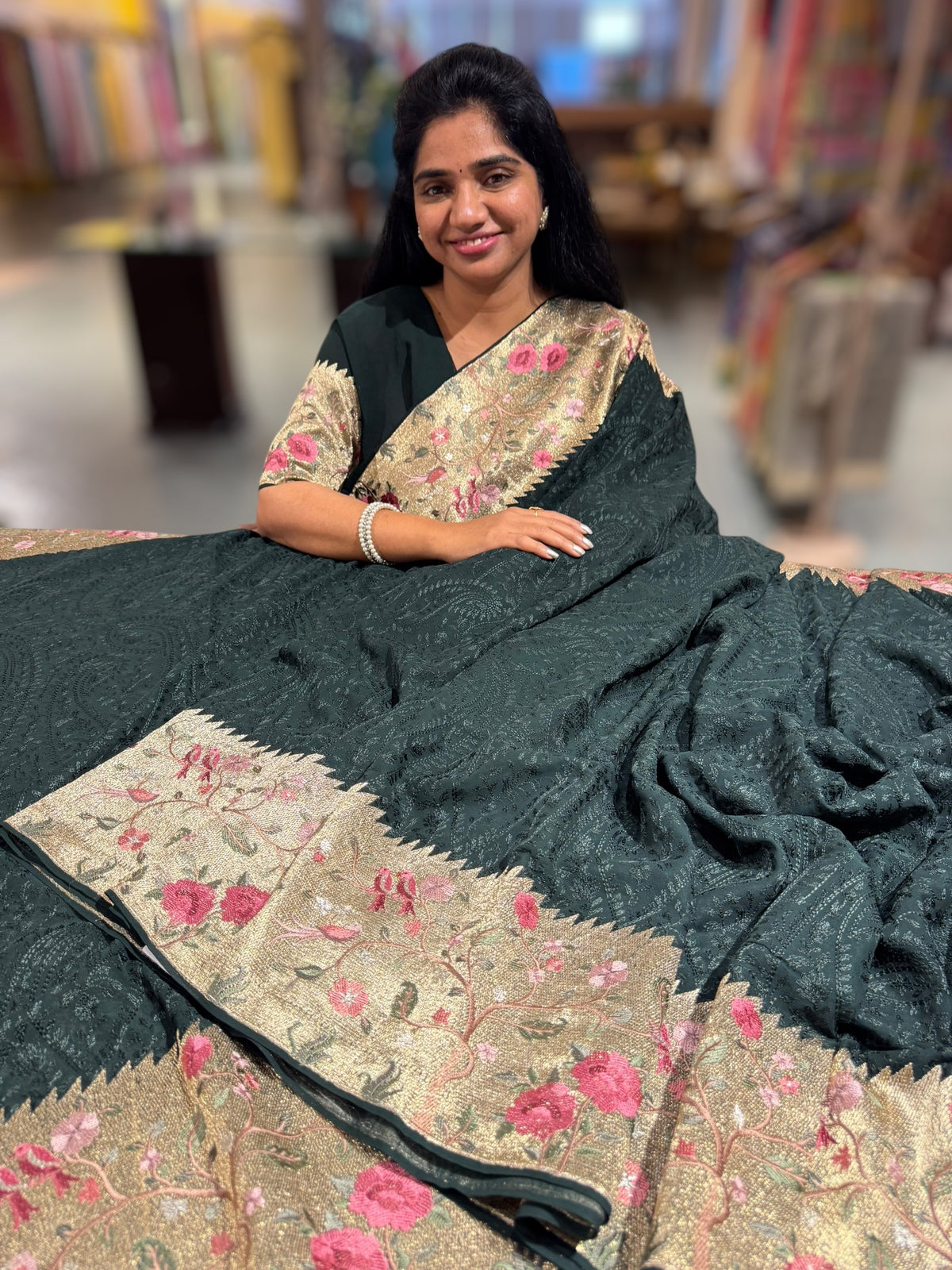 Forest Green Chikankari Georgette Saree with Tissue embroidered Border