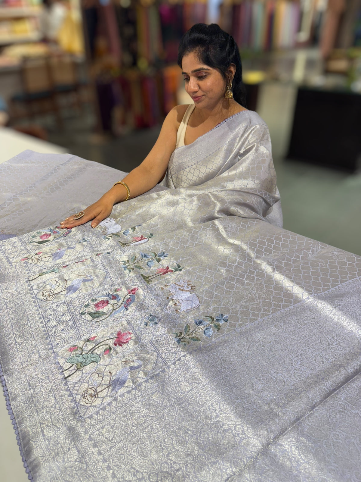 Bluish Lilac Fancy Banarasi saree with embroidery