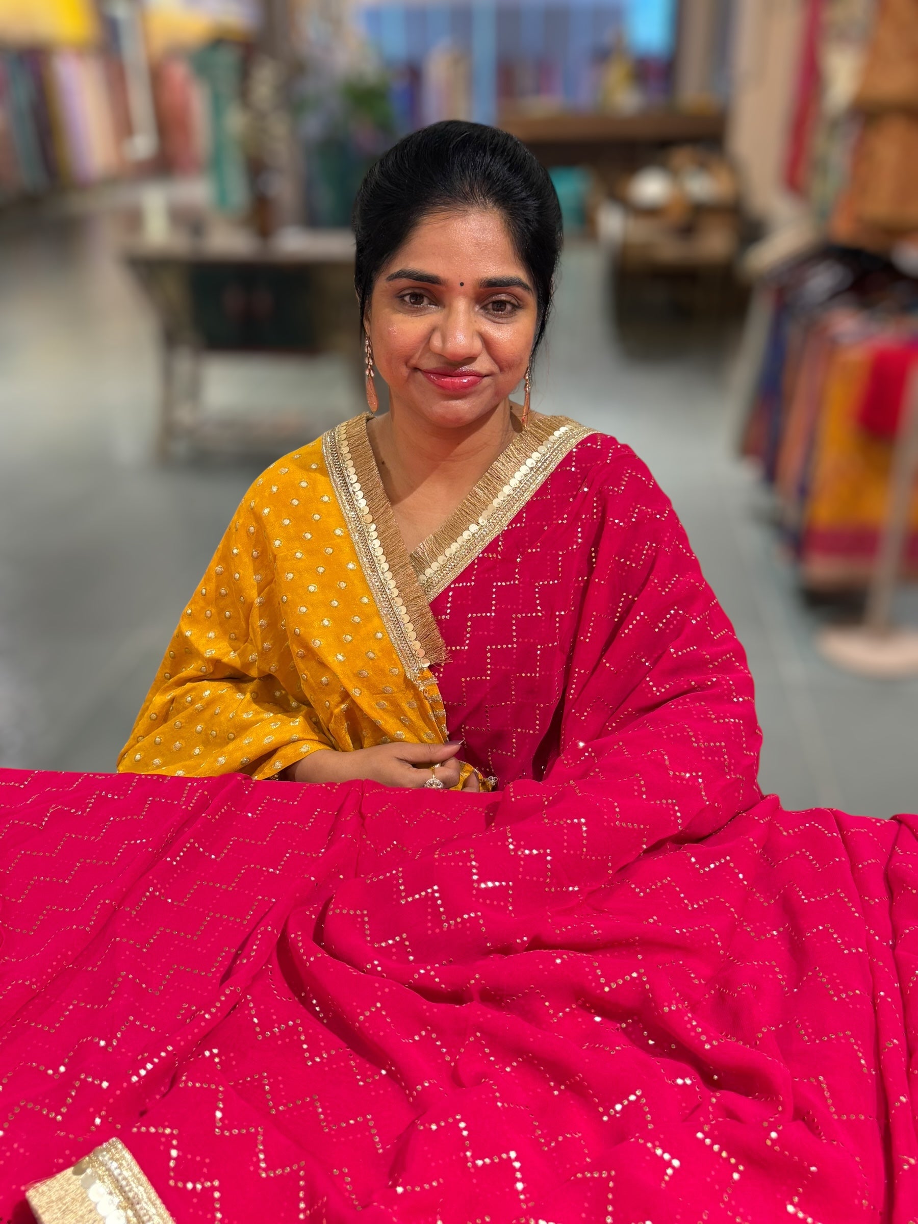 Dark Pink Georgette Saree with stick on Badla in zigzag pattern