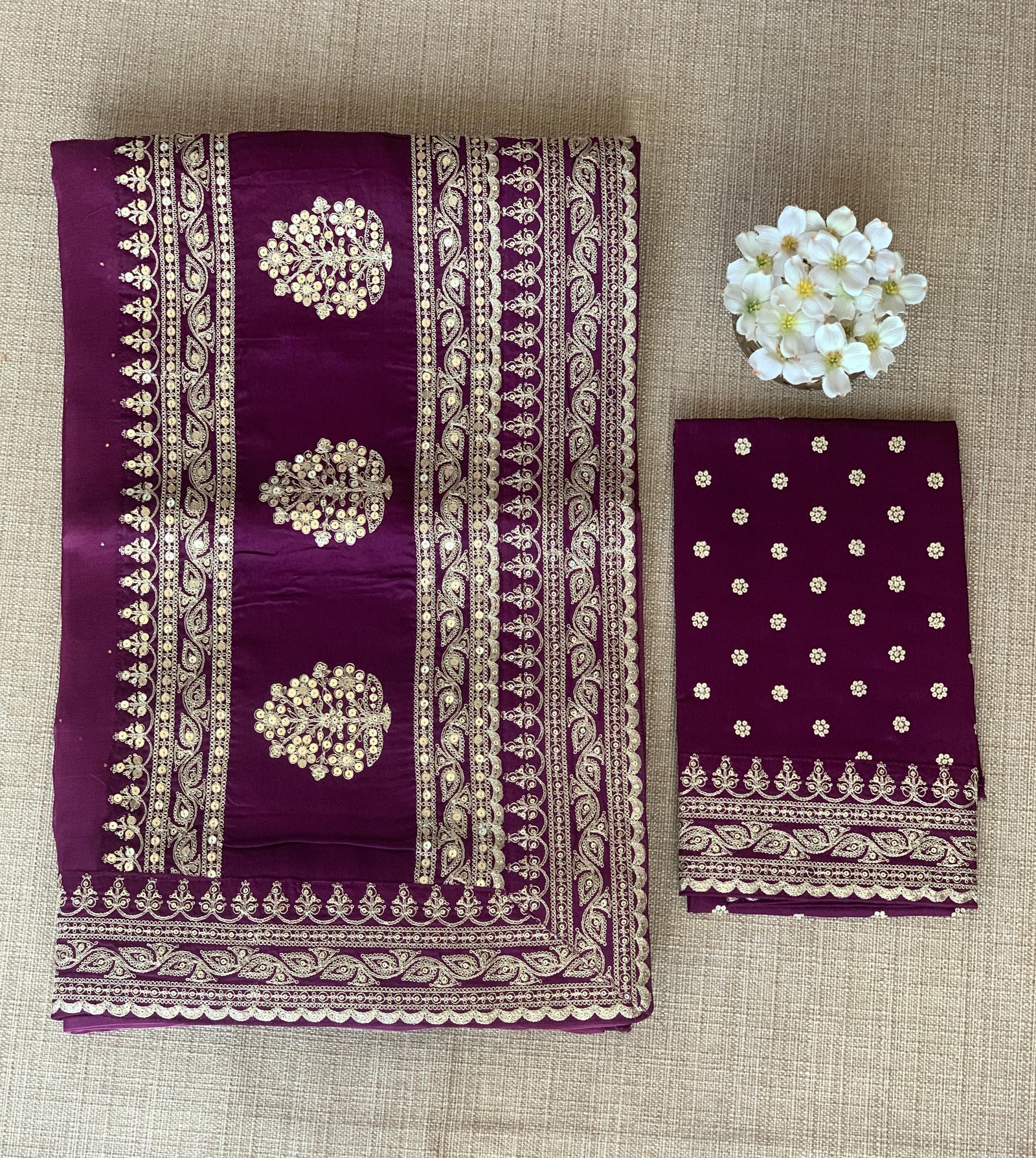 Wine Pure Organza Saree with allover mukaish work & sabyasachi borders