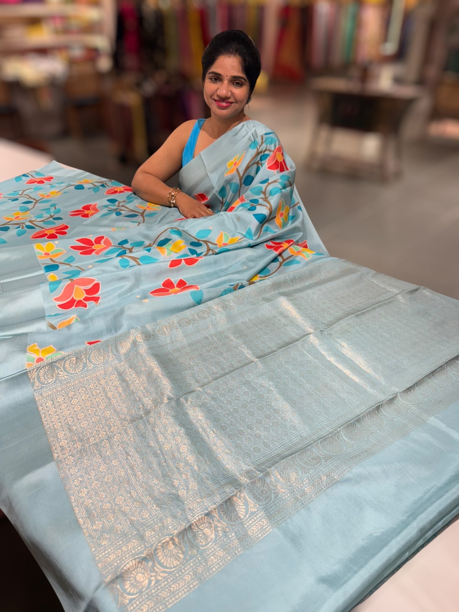 Powder Blue Kanchi Soft Silk Saree with ajamdani inspired print