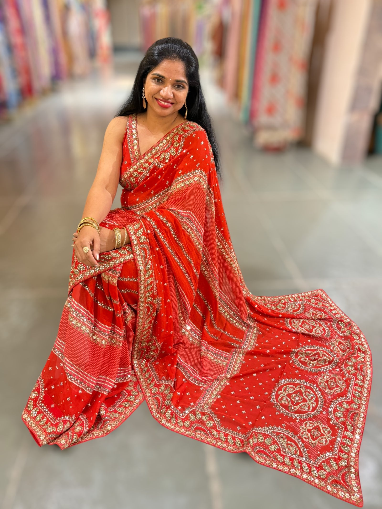 Orangish Red Kareena Inspired Gorgette Saree with allover mirrors