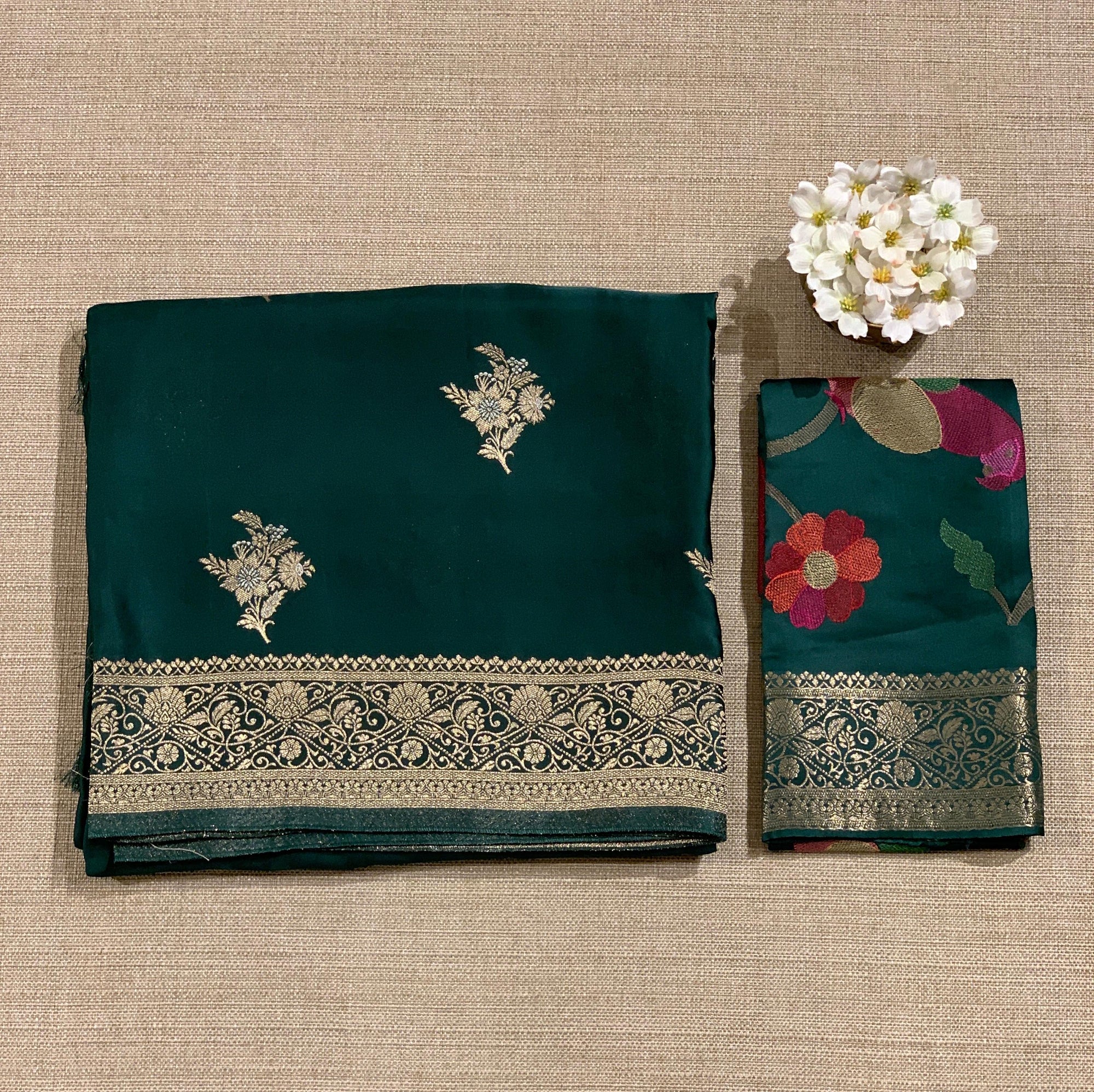 Forest Green Mashru Silk Saree with Paithani inspired embroidered blouse