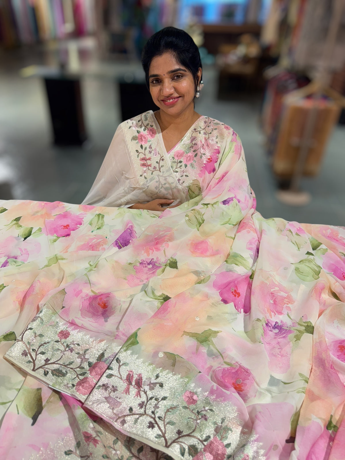 Ivory  Printed georgette Saree With Tissue Embroidered Border