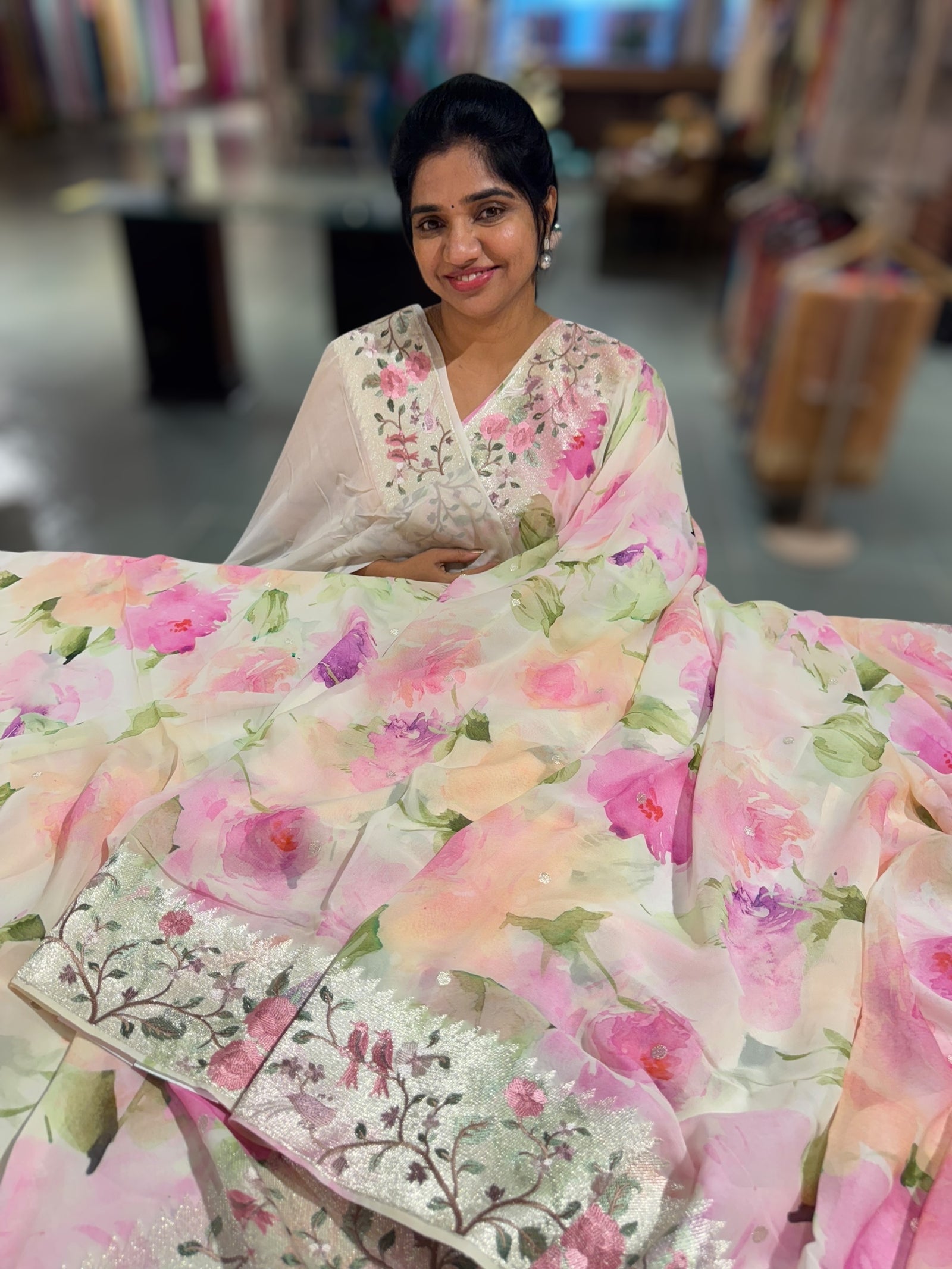 Ivory  Printed georgette Saree With Tissue Embroidered Border