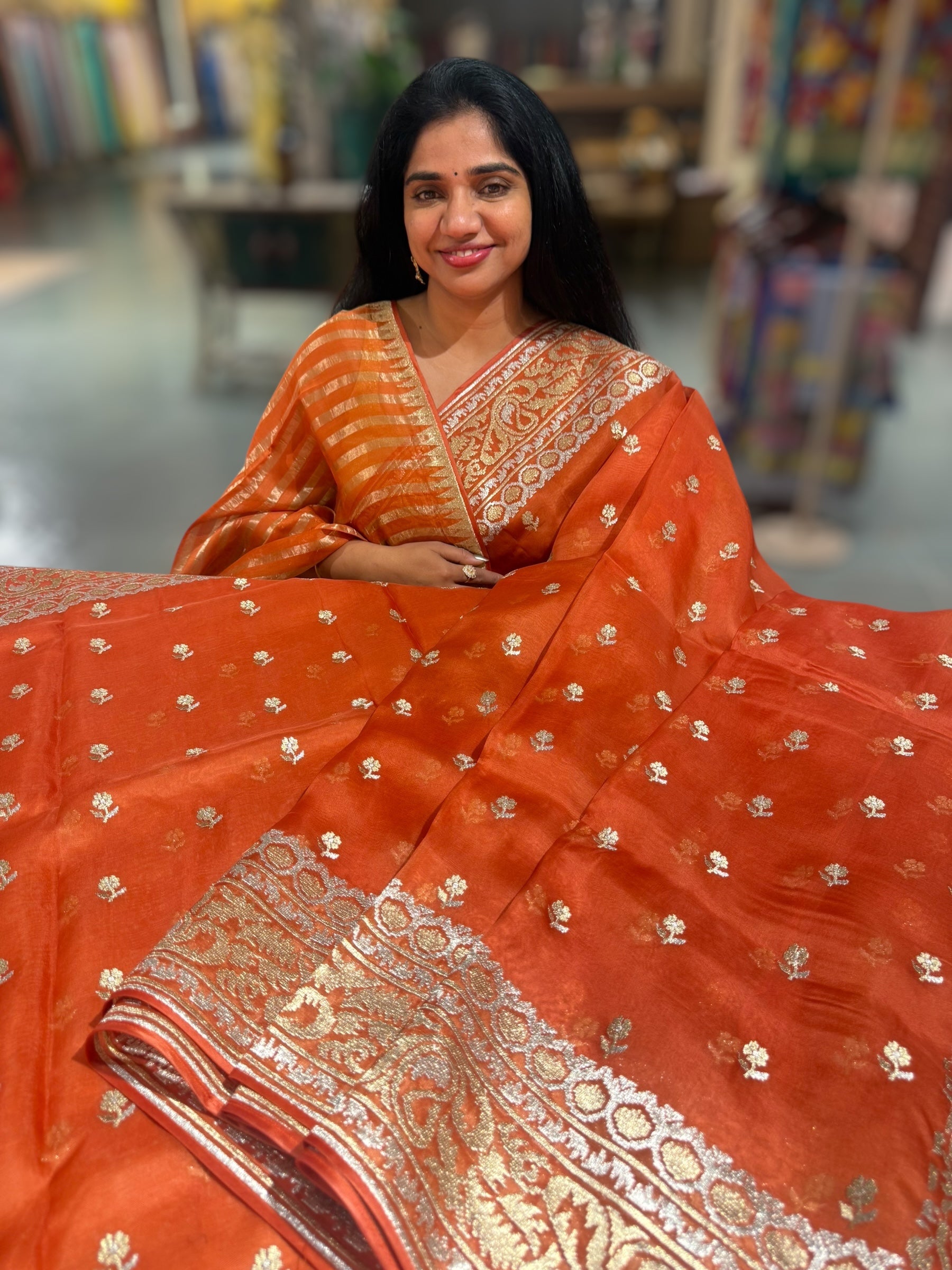 Orange Pure Organza Saree With Jamdani Inspired Embroidery