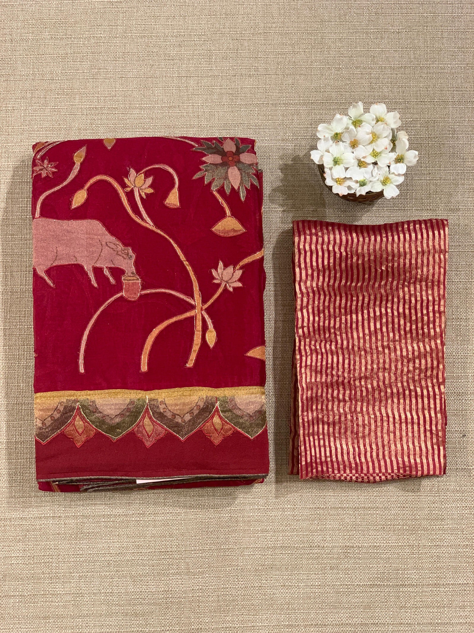Dark Red Designer Organza Saree with Stunning Tissue Applique work Saree with Village theme
