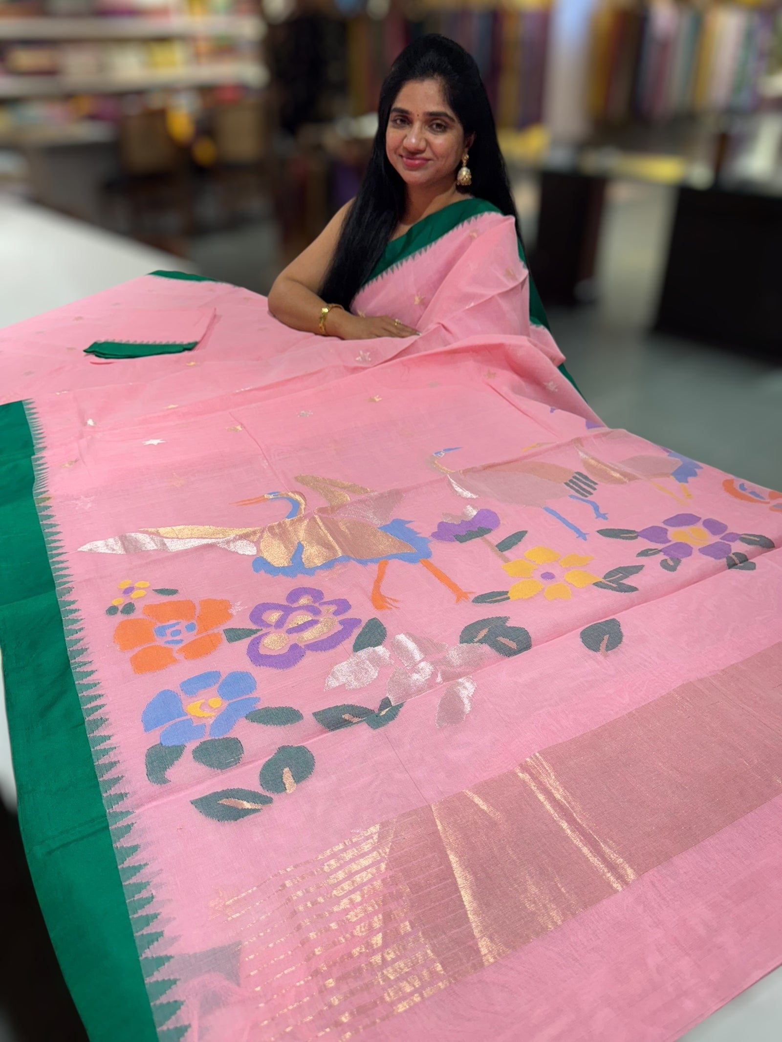 Lotus Pink Pure handloom Ponduru Khadi jamdani Saree with swan pallu