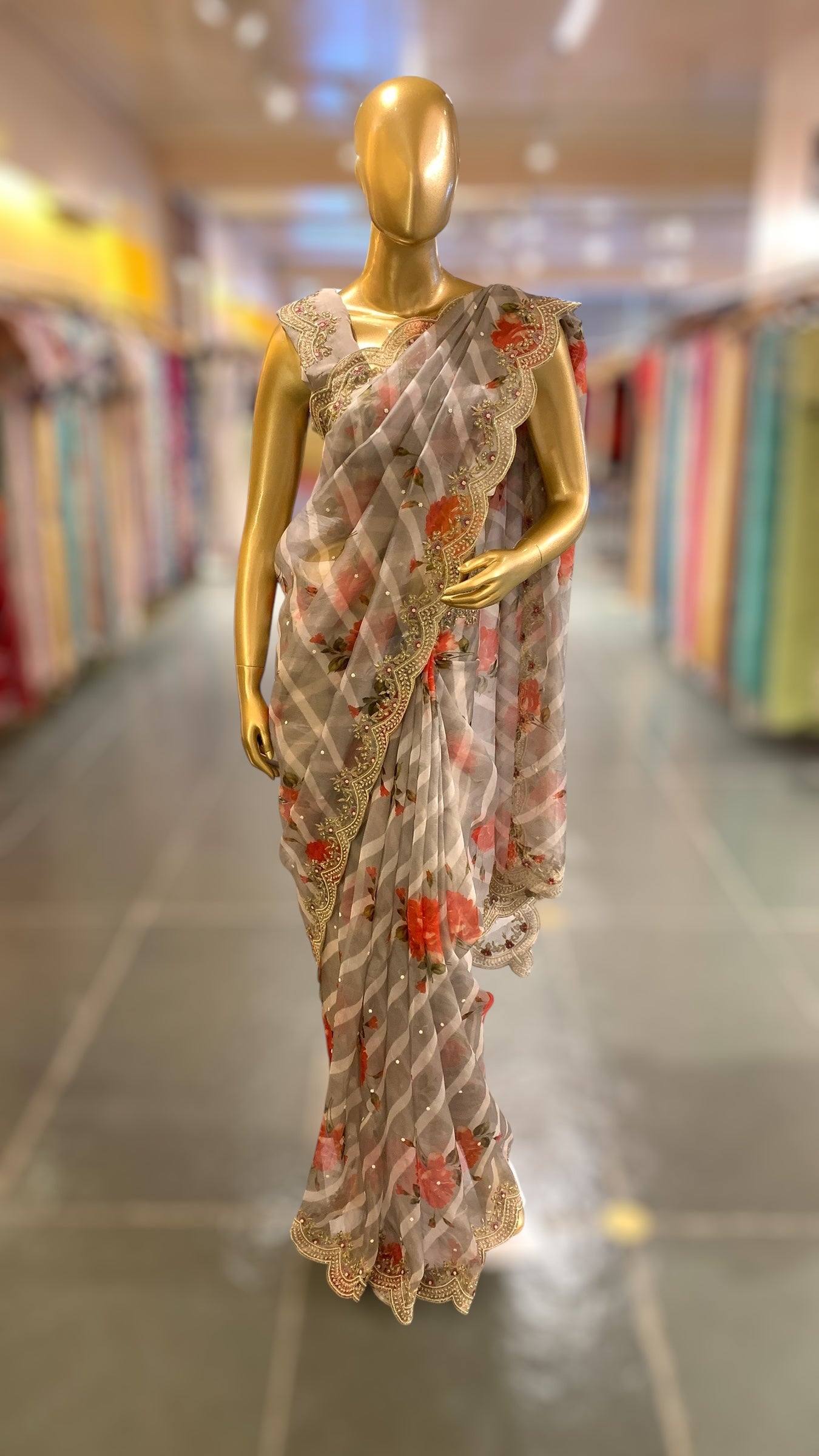 English Tone Organza lehariya and floral Printed Saree with handwork scalloped Border