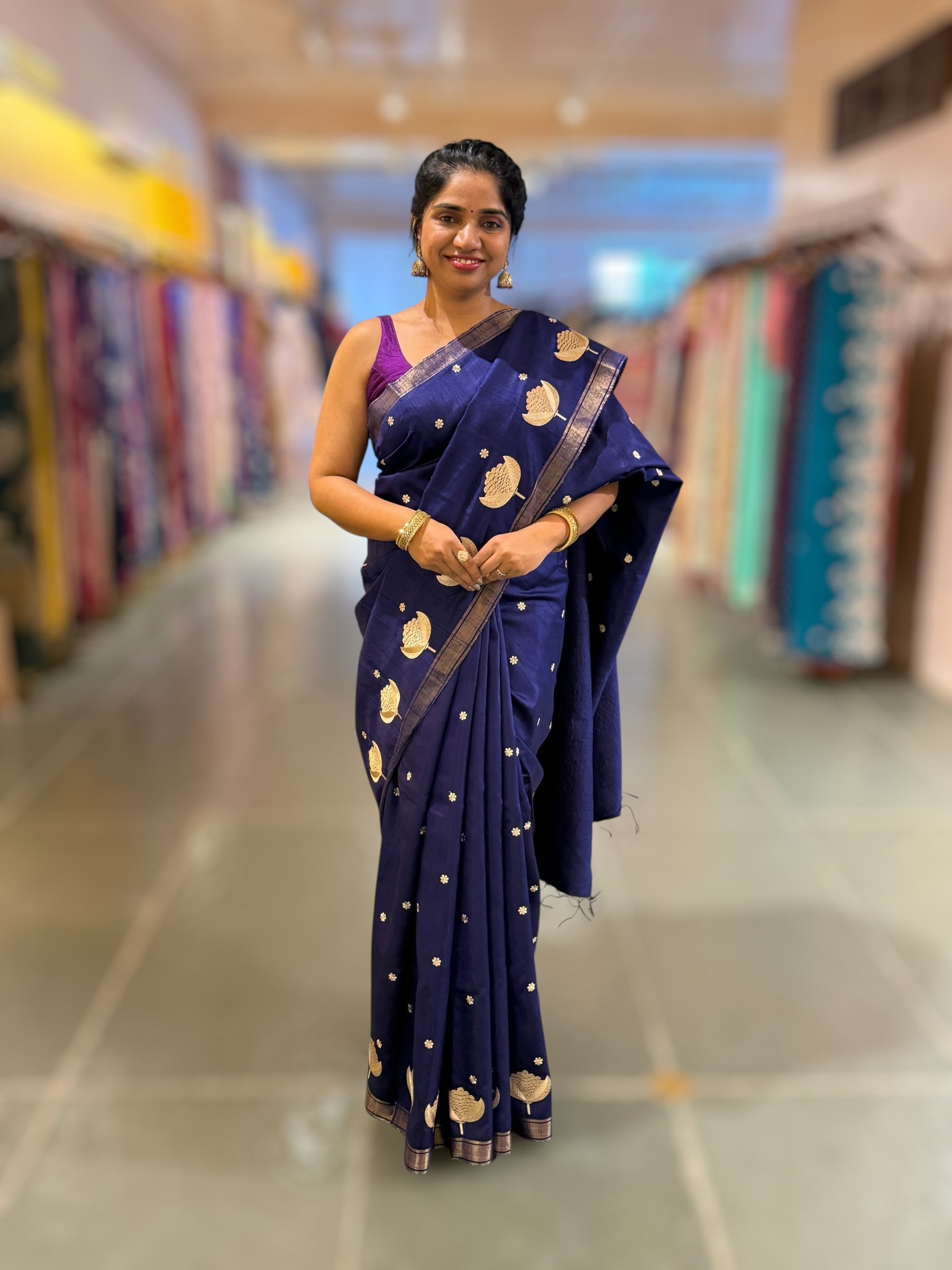 Navy Blue Pure Handloom Raw Silk Saree