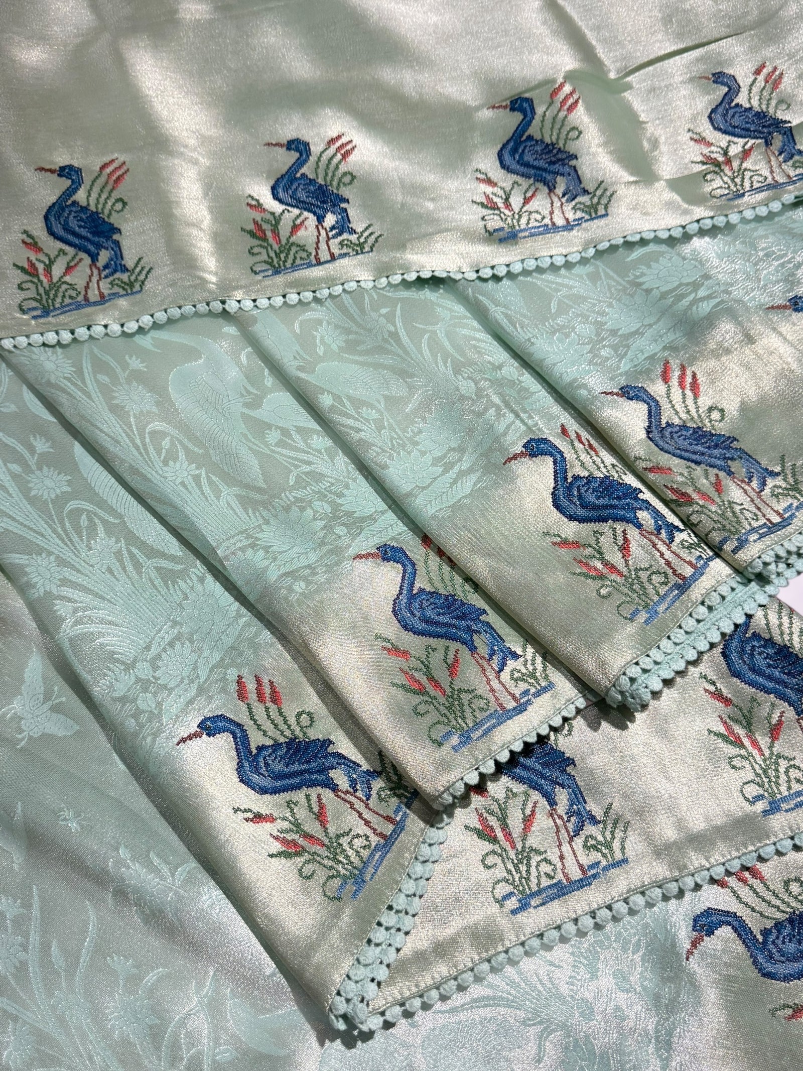 Mint Blue Banarasi Brocade tissue saree with tonchui style weaving & petite point embroidered swan border