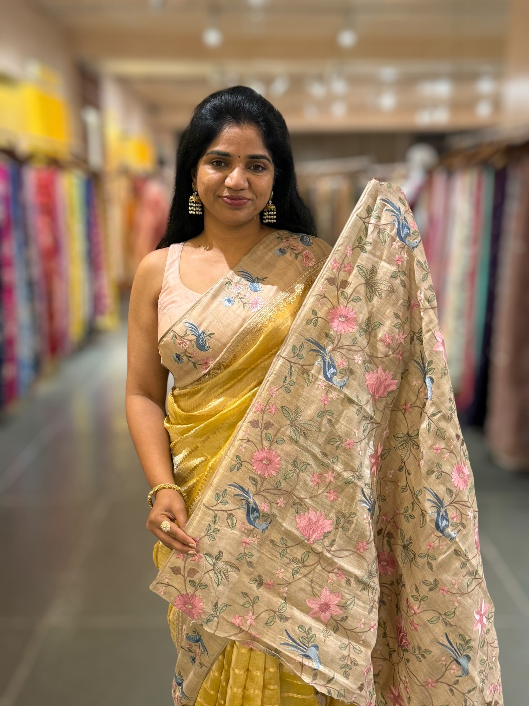 Yellow Pure Handloom Tissue Saree with pure Tussar embroidered border
