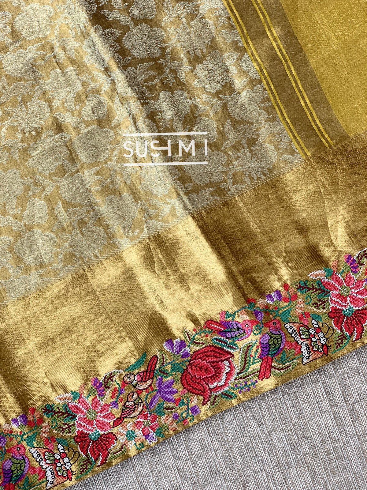 Molten Gold Kanjeevaram Tissue Sareewith petite point embroidery : S62F089