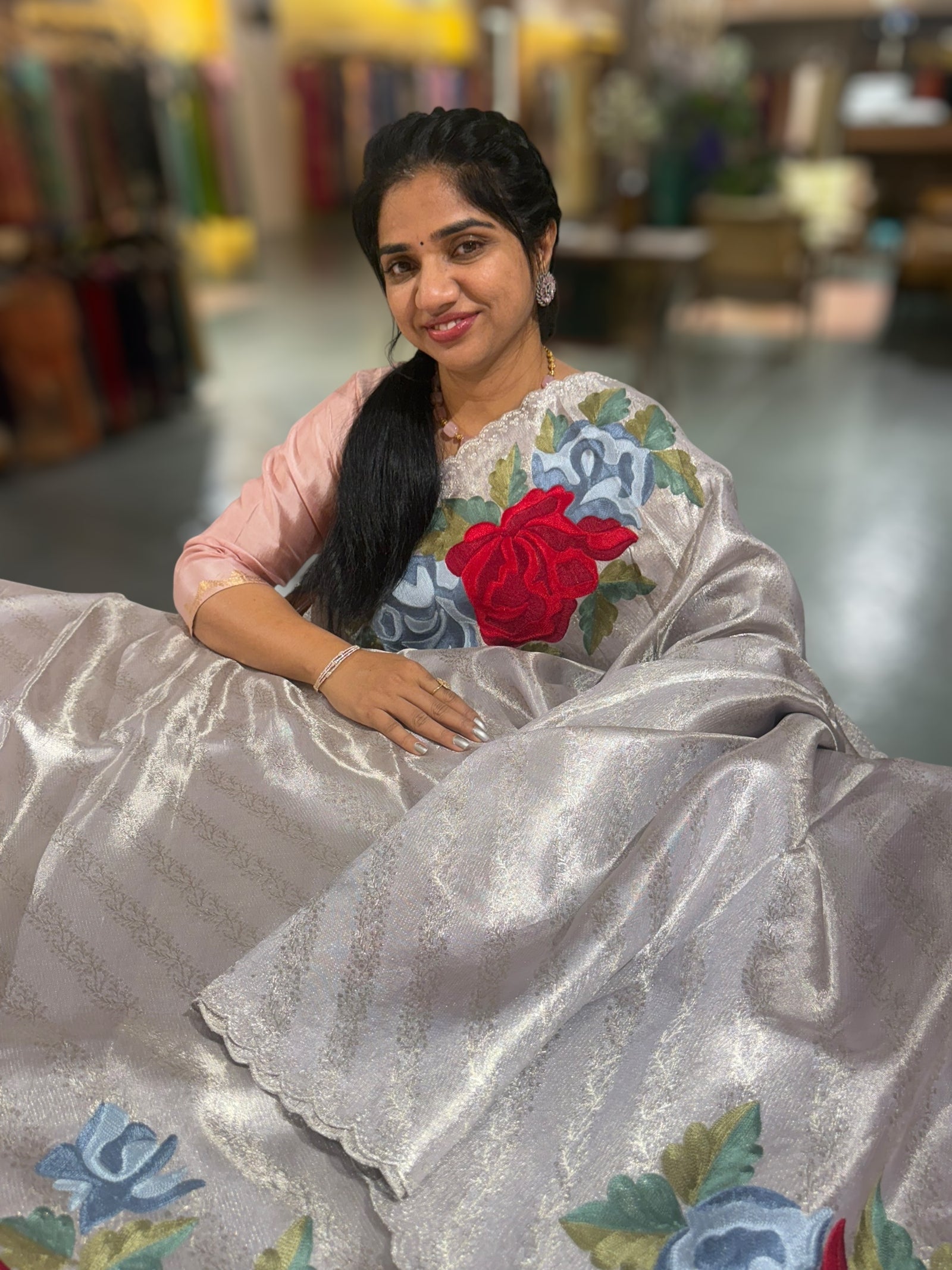 Silver Kanchi Brocade Tissue Saree with Statement Floral Embroidered Roses