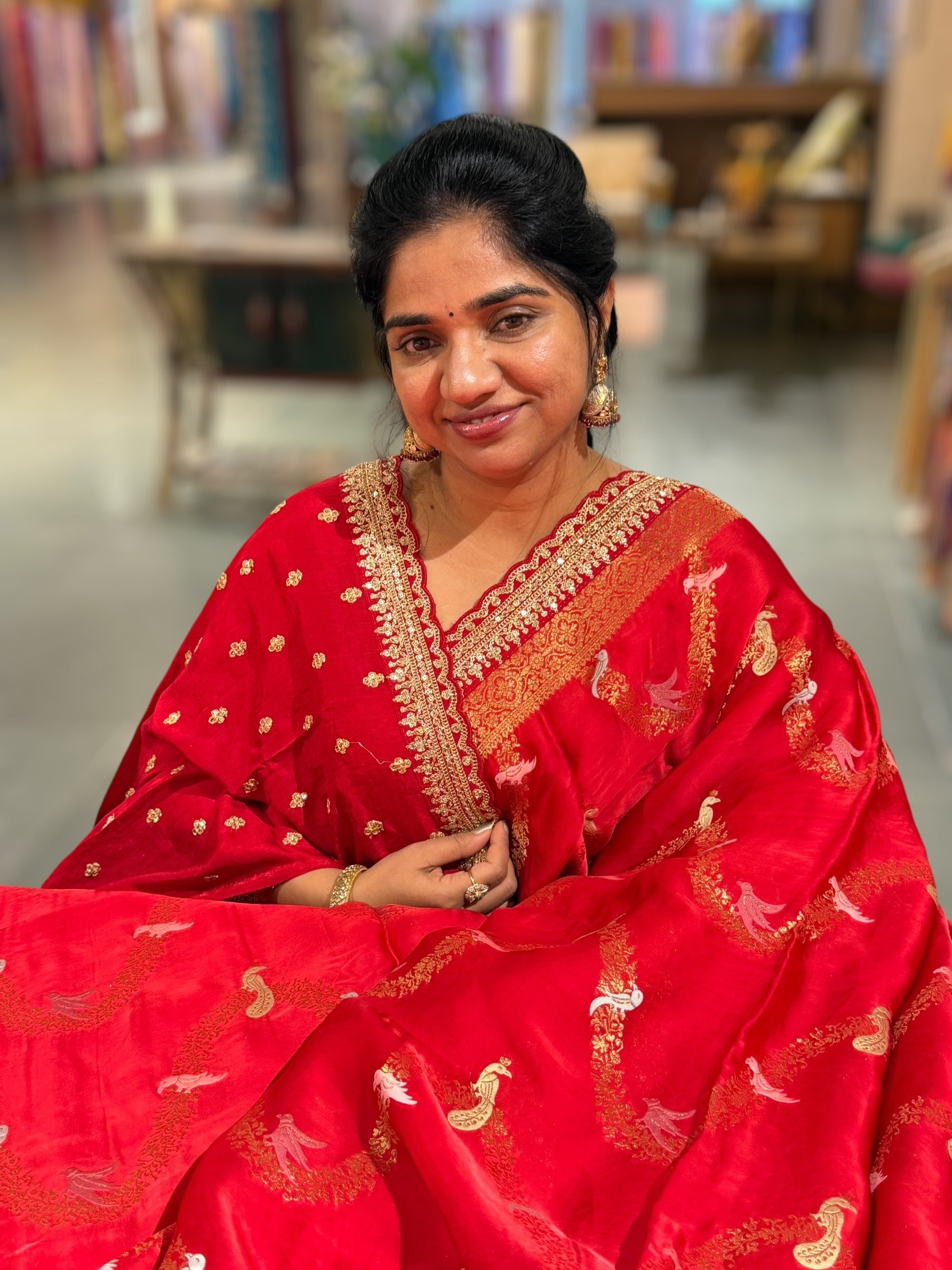 Chilli Red Mashru Silk Saree with allover weaving and Sahbysachi borders and Blouse