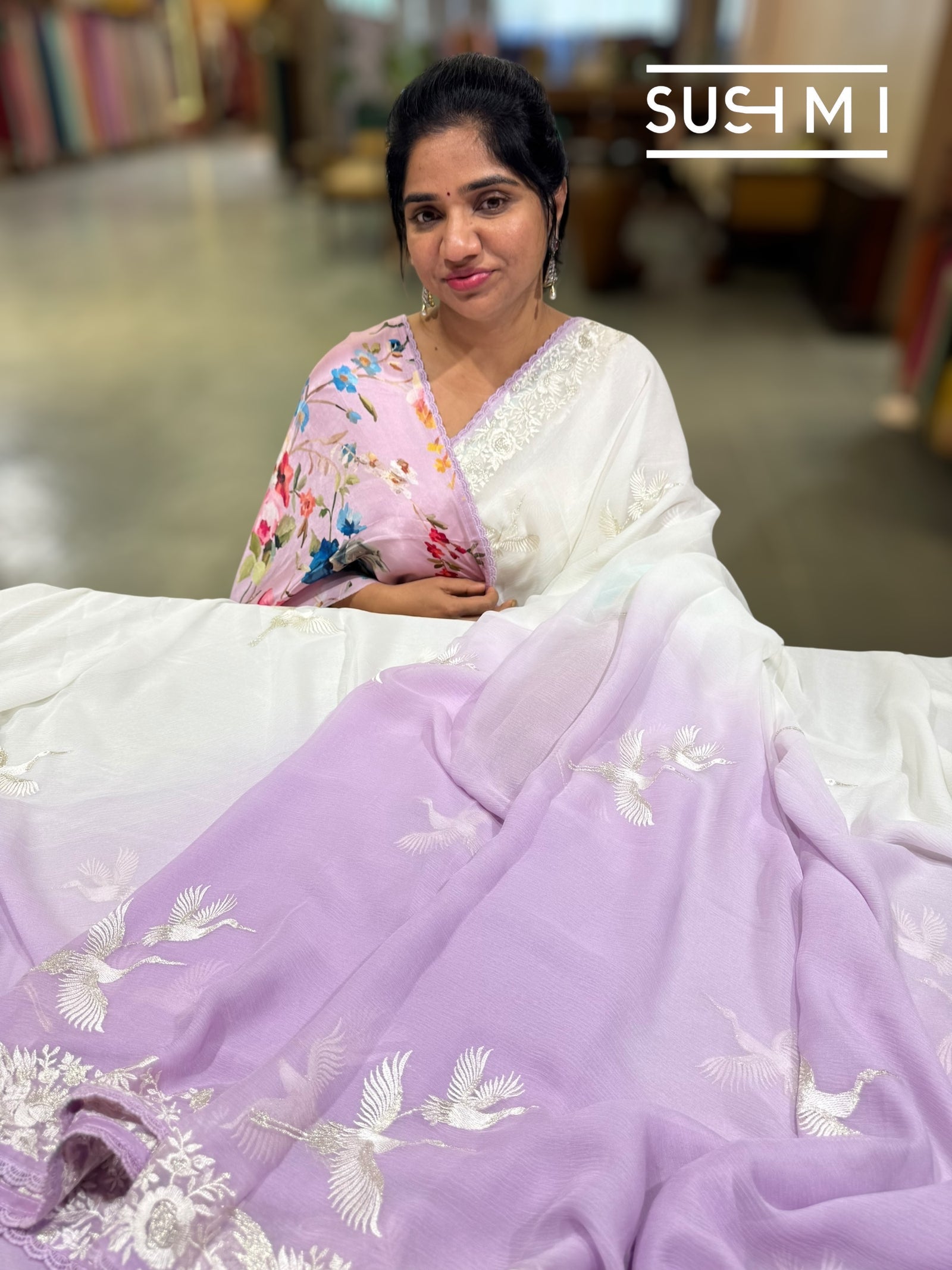 Lilac Ombre dyed chiffon saree with parsigara embroidery : S62F072