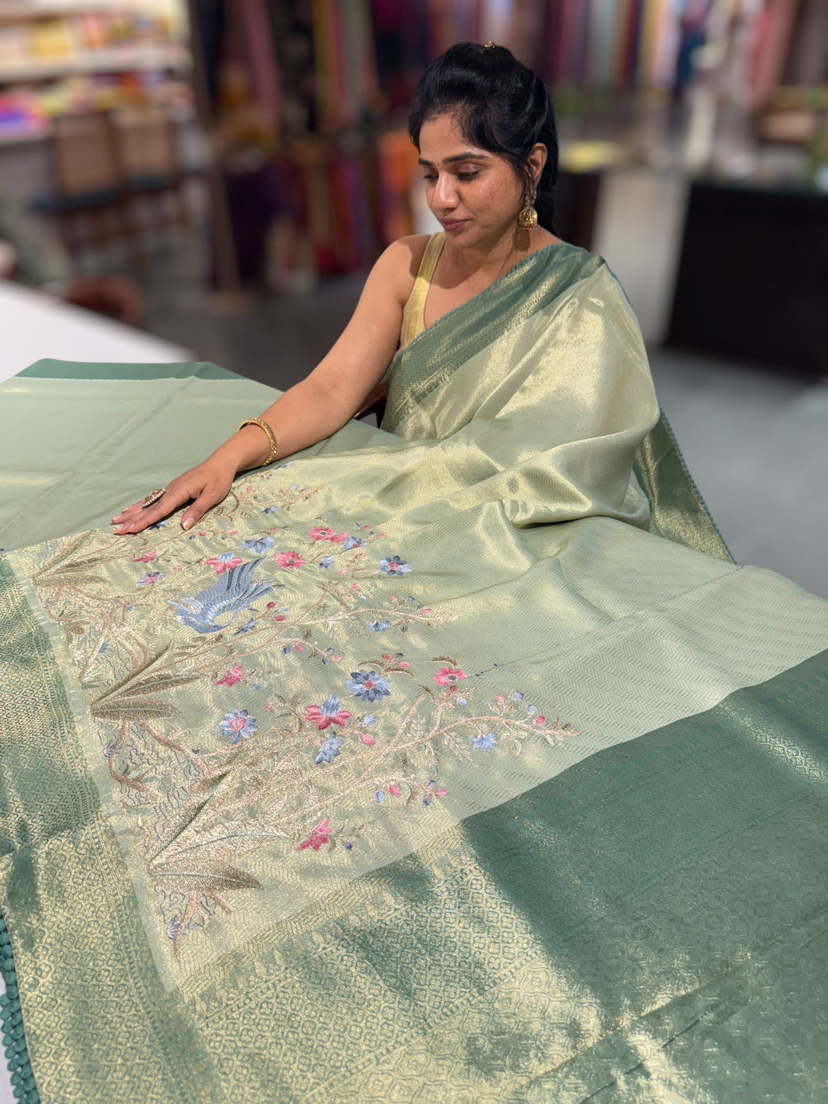 Sage Green Banarasi Tissue with embroidered border