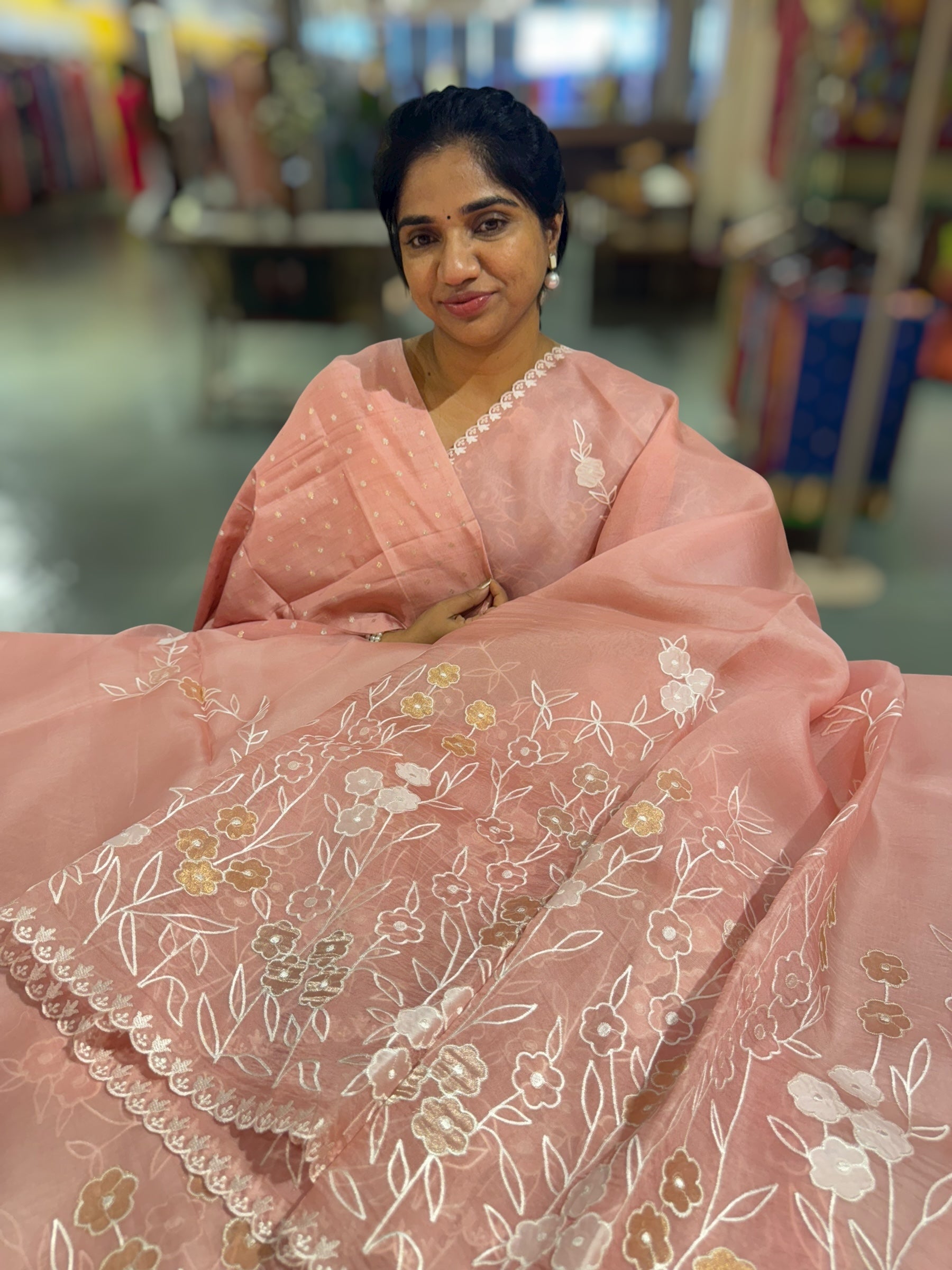 Peach Pink Organza Saree With Tissue Applique Work