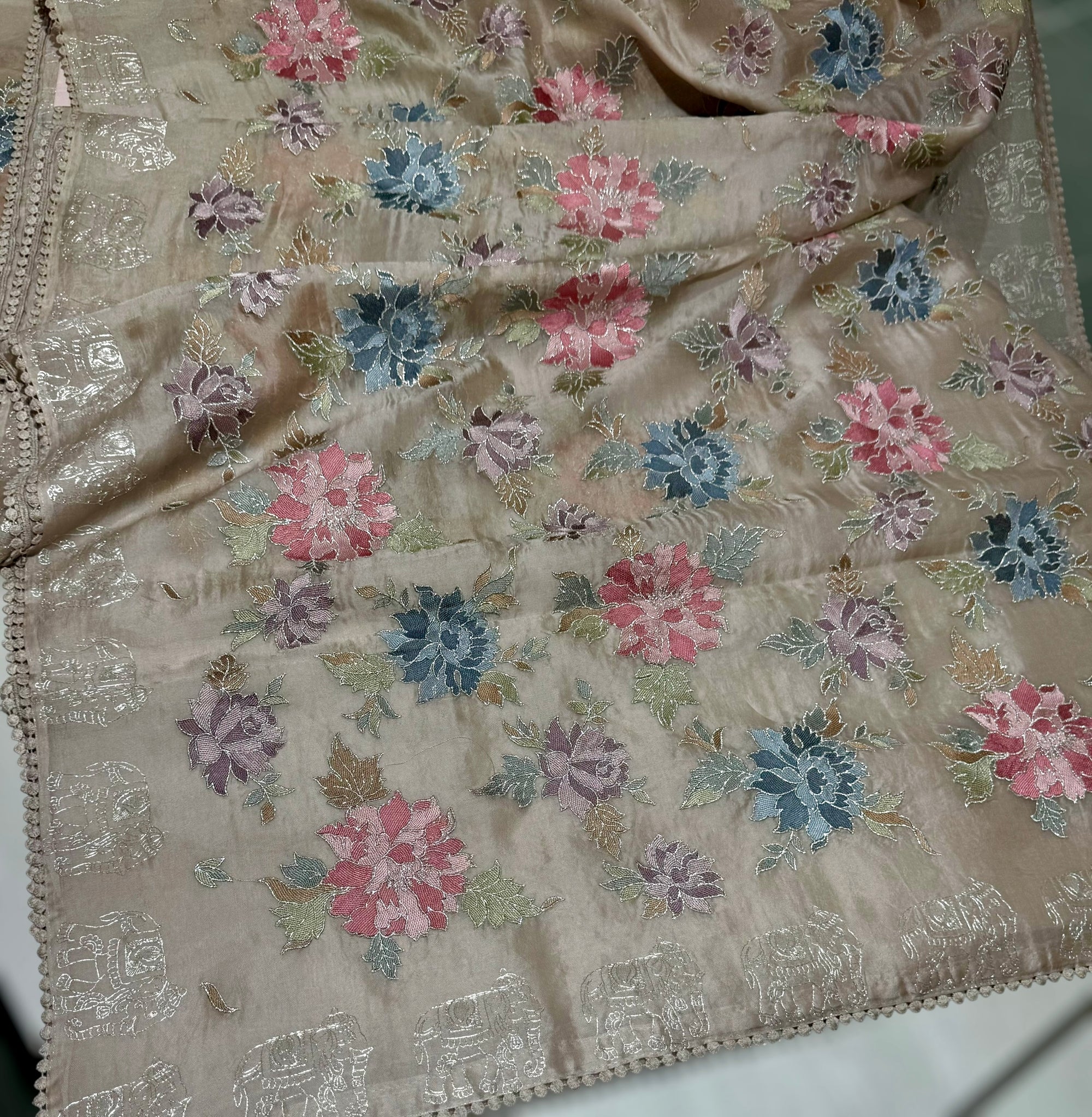 Taupe Organza Saree with Allover floral Thread Embroidery