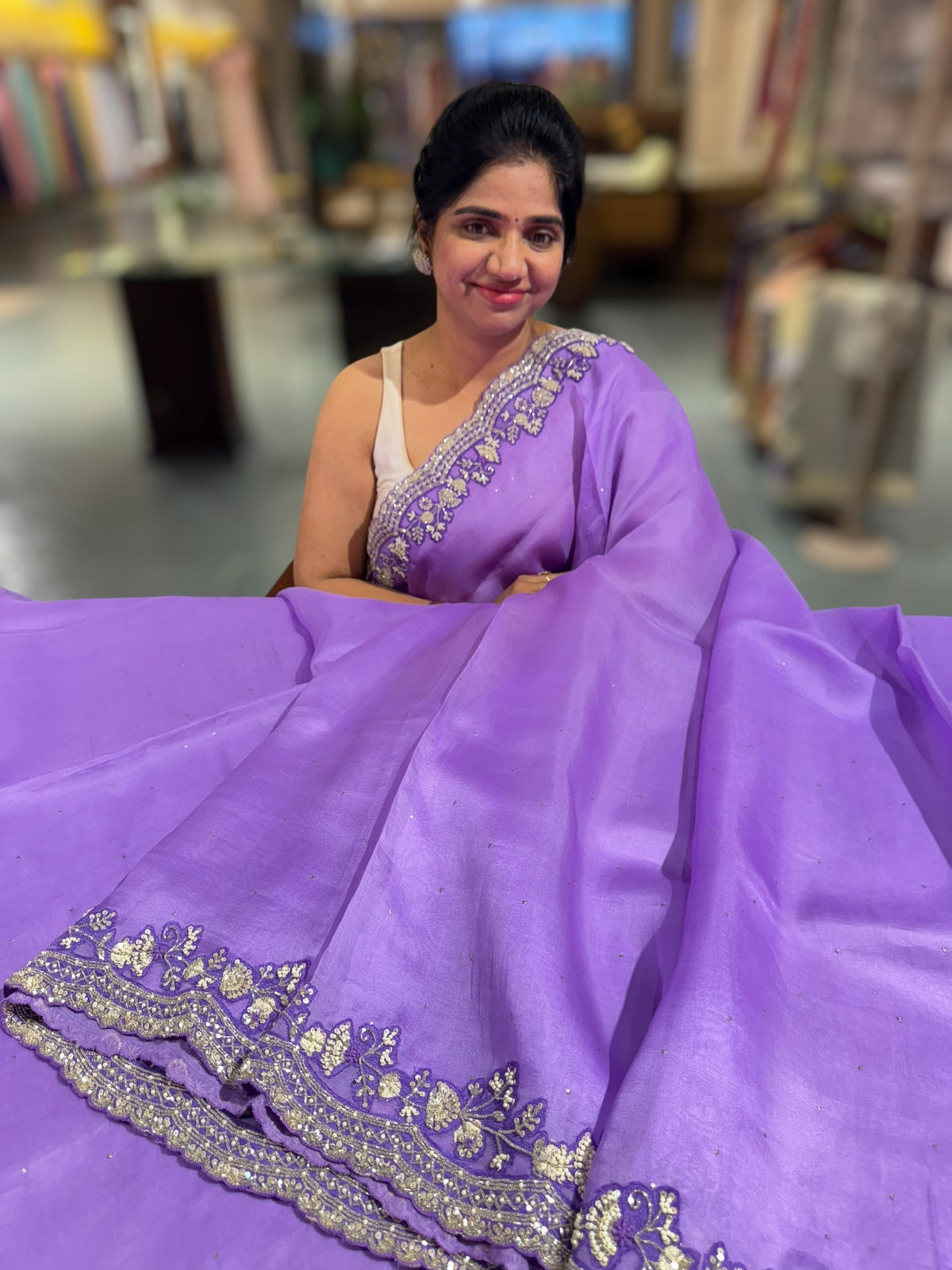 Lilac pure organza with handwork