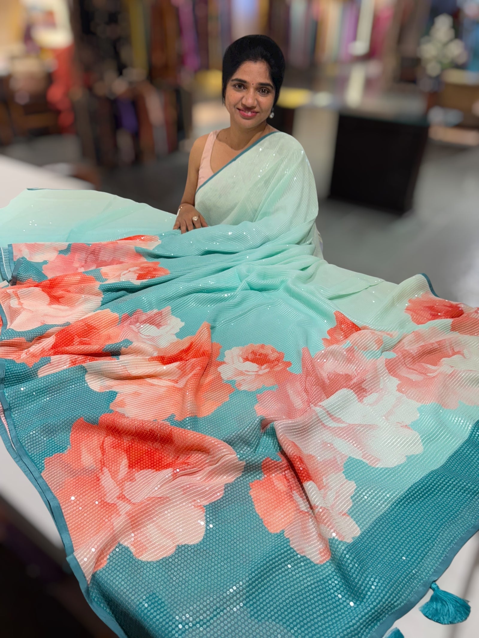 Pink & Blue shaded Georgette sequence Sarees with statement Floral print