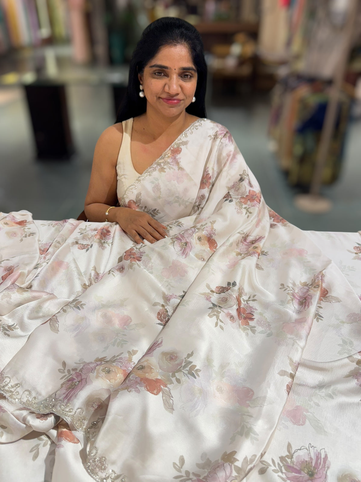 Pastel tone Pure chinnon crepe printed saree with handwork border