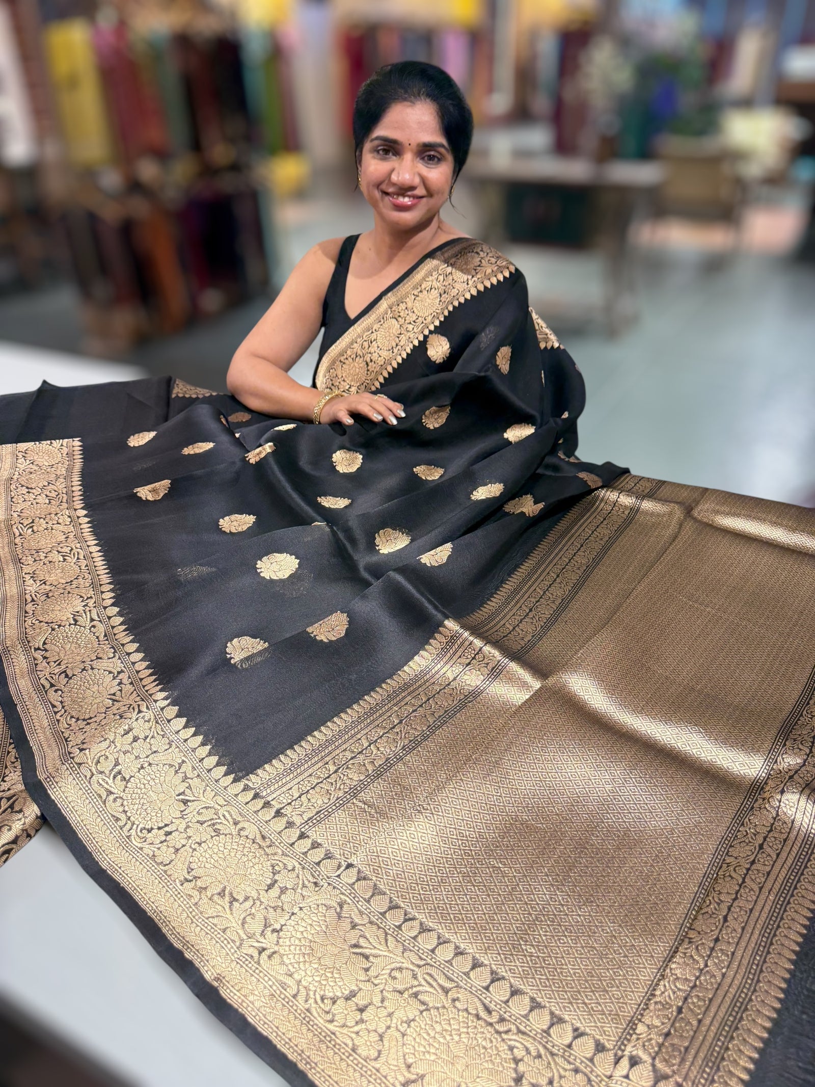 Black Premium Kora Banarasi Saree with heavy weaving borders