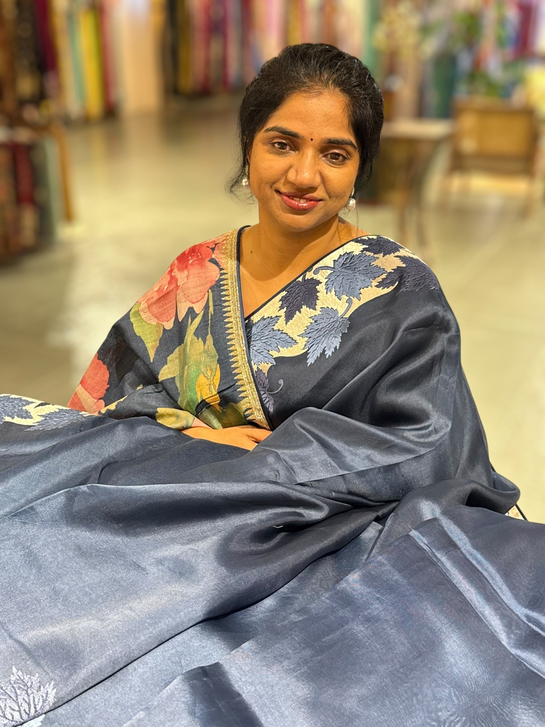 Midnight Blue Organza Saree with Stunning Leaf Embroidered Border