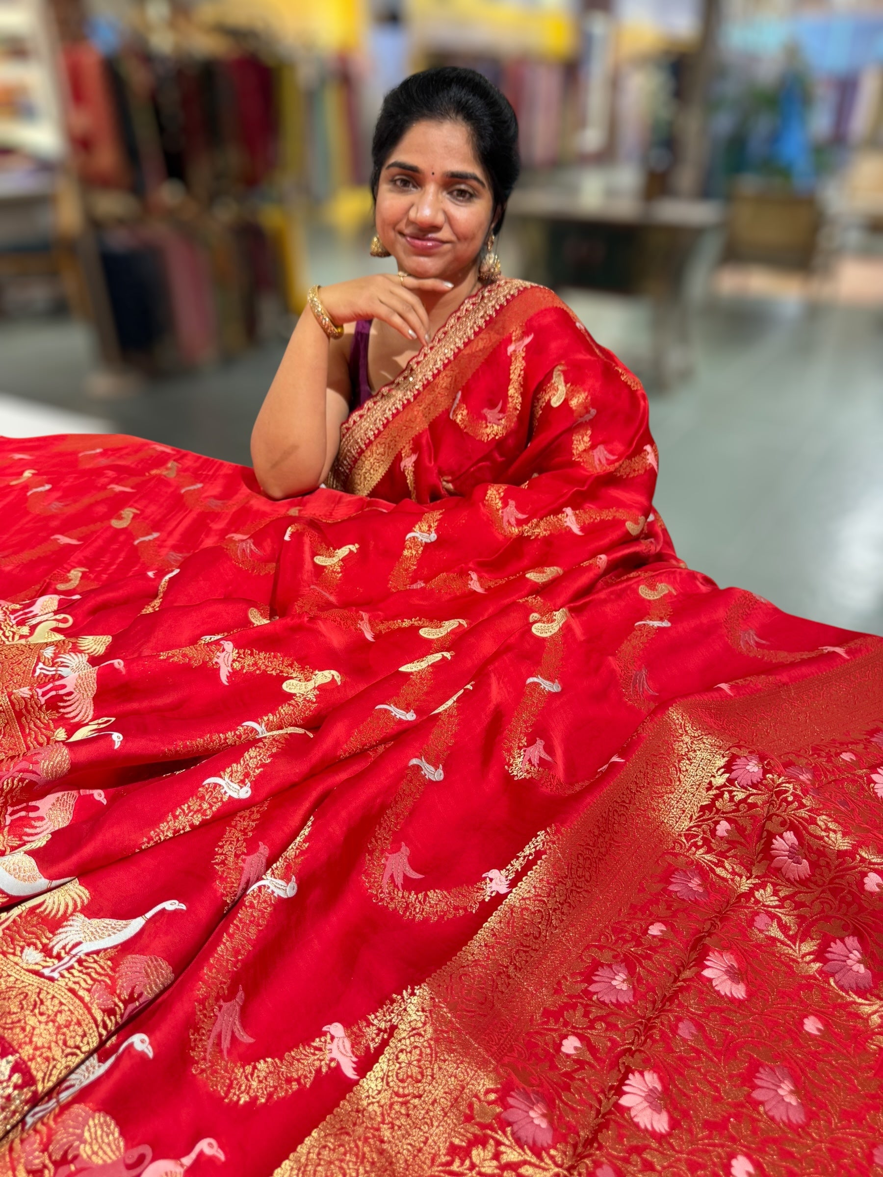 Chilli Red Mashru Silk Saree with allover weaving and Sahbysachi borders and Blouse