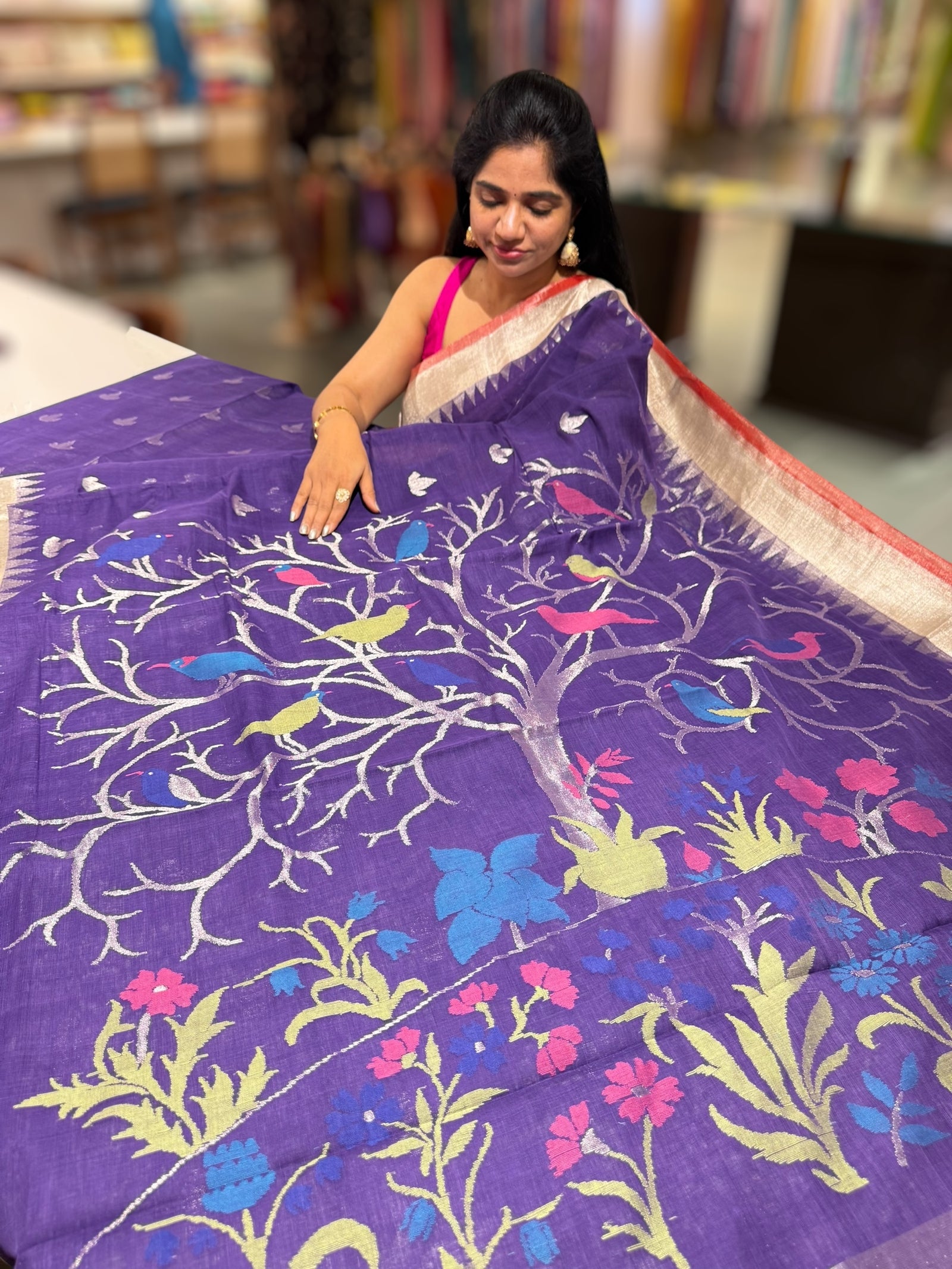 Violet Pure  handloom Ponduru Khadi jamdani Saree with heavy pallu