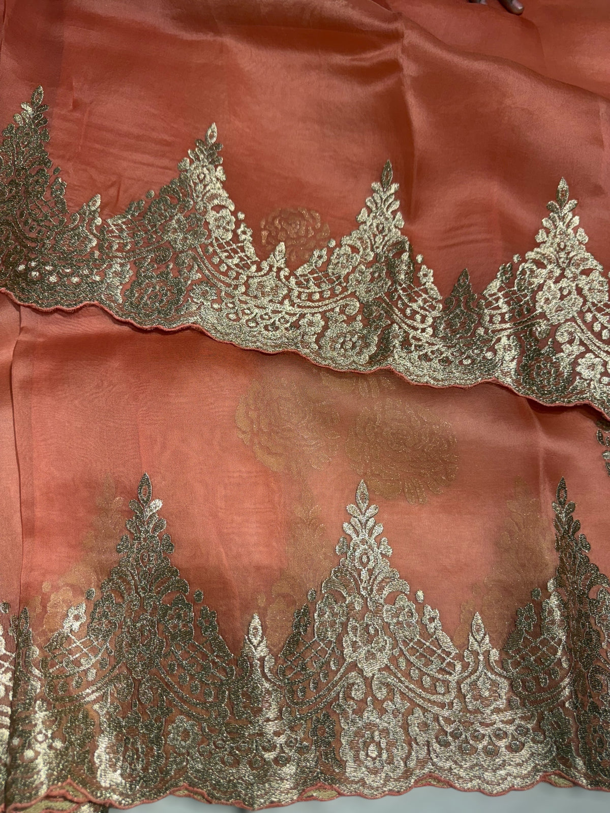 Coral Peach Organza with chantilly Lace embroidery