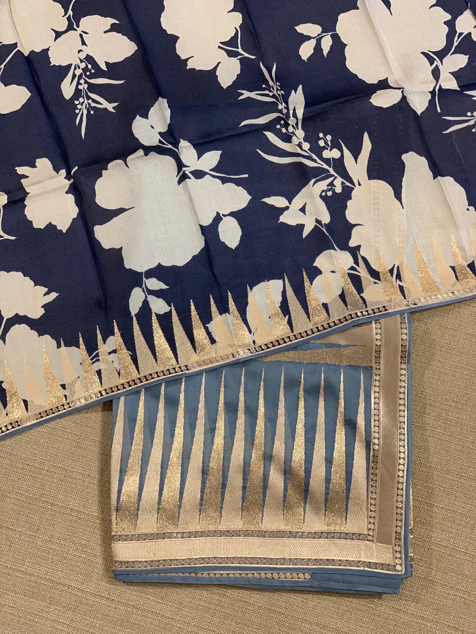 Greysih Blue Pure Organza With Temple Embroidered Border & Tussar Printed Blouse