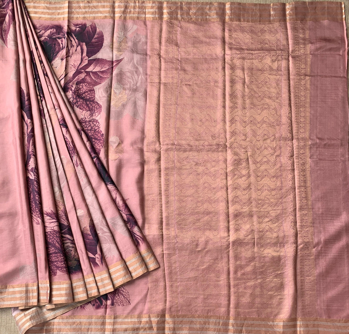 Onion Pink Printed Kanchi Soft Silk Saree with Bold Rose Flower Print.