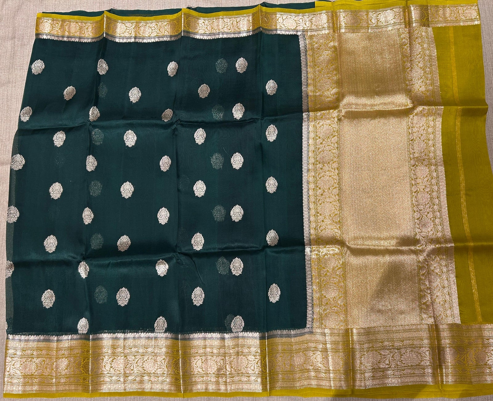 Bottle Green & Moong dal green combo Pure Handloom premium Kora Banarasi Saree
