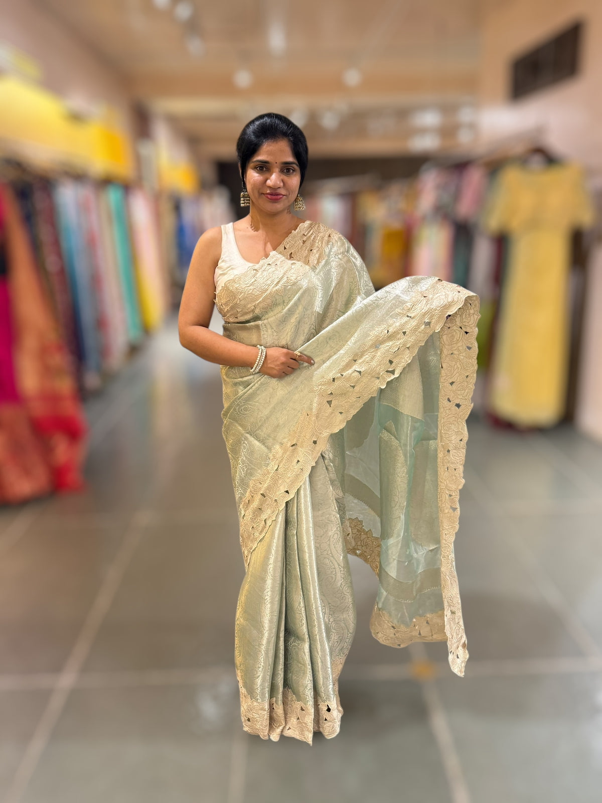 Mint Tissue Brocade weaving Saree with Tissue Cutwork Rose Border