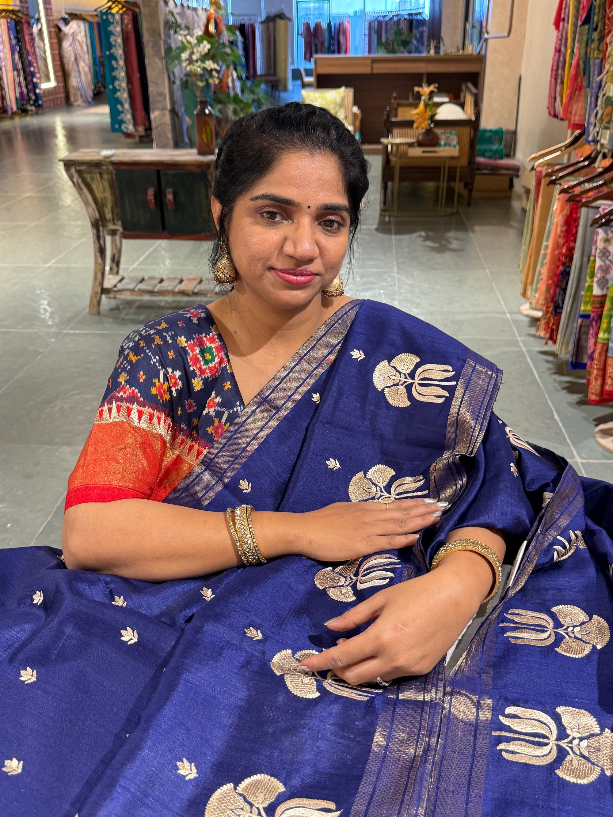 Blue Pure Handloom Raw Silk Saree